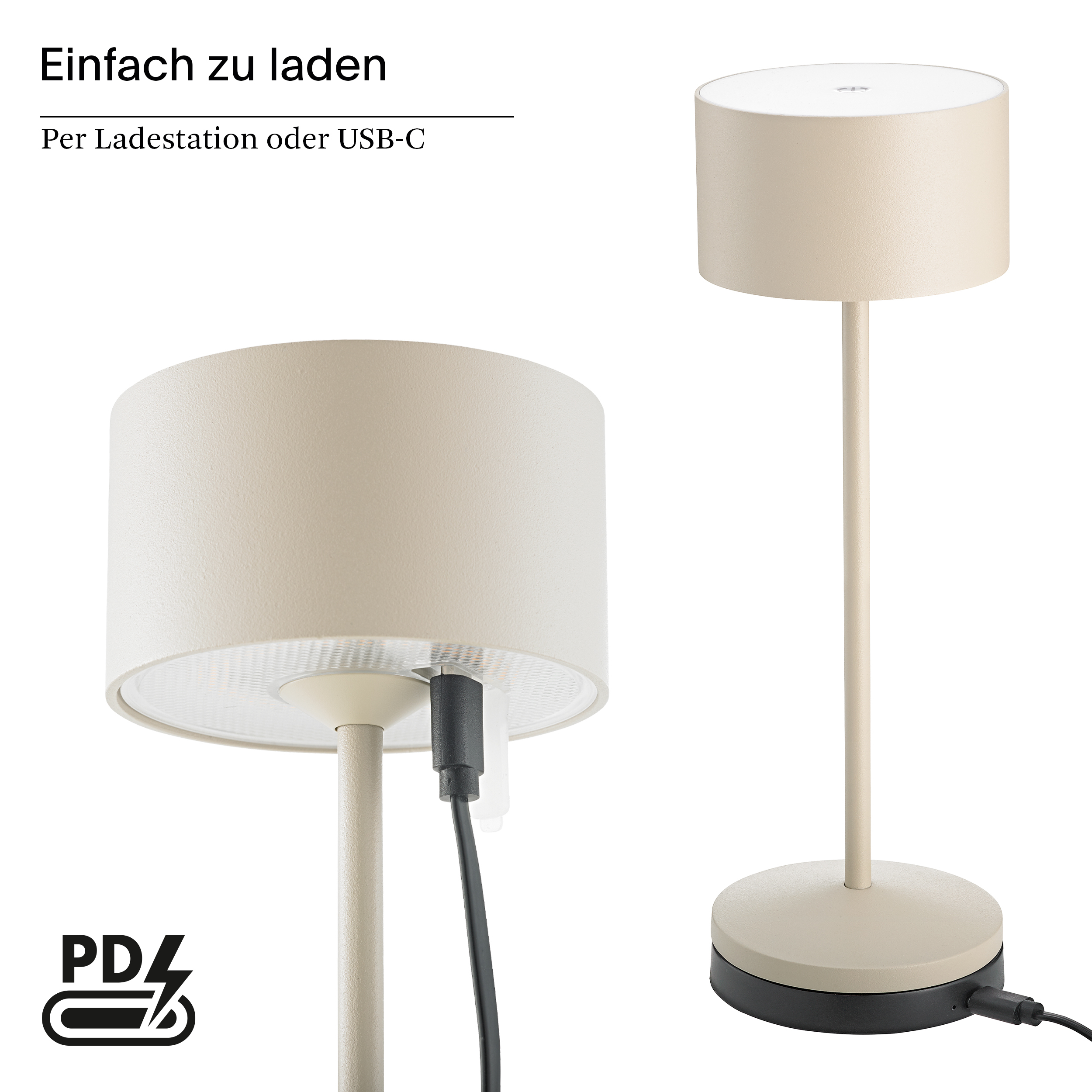 Eine helle Lampe mit einem USB-C-Anschluss wird geladen.