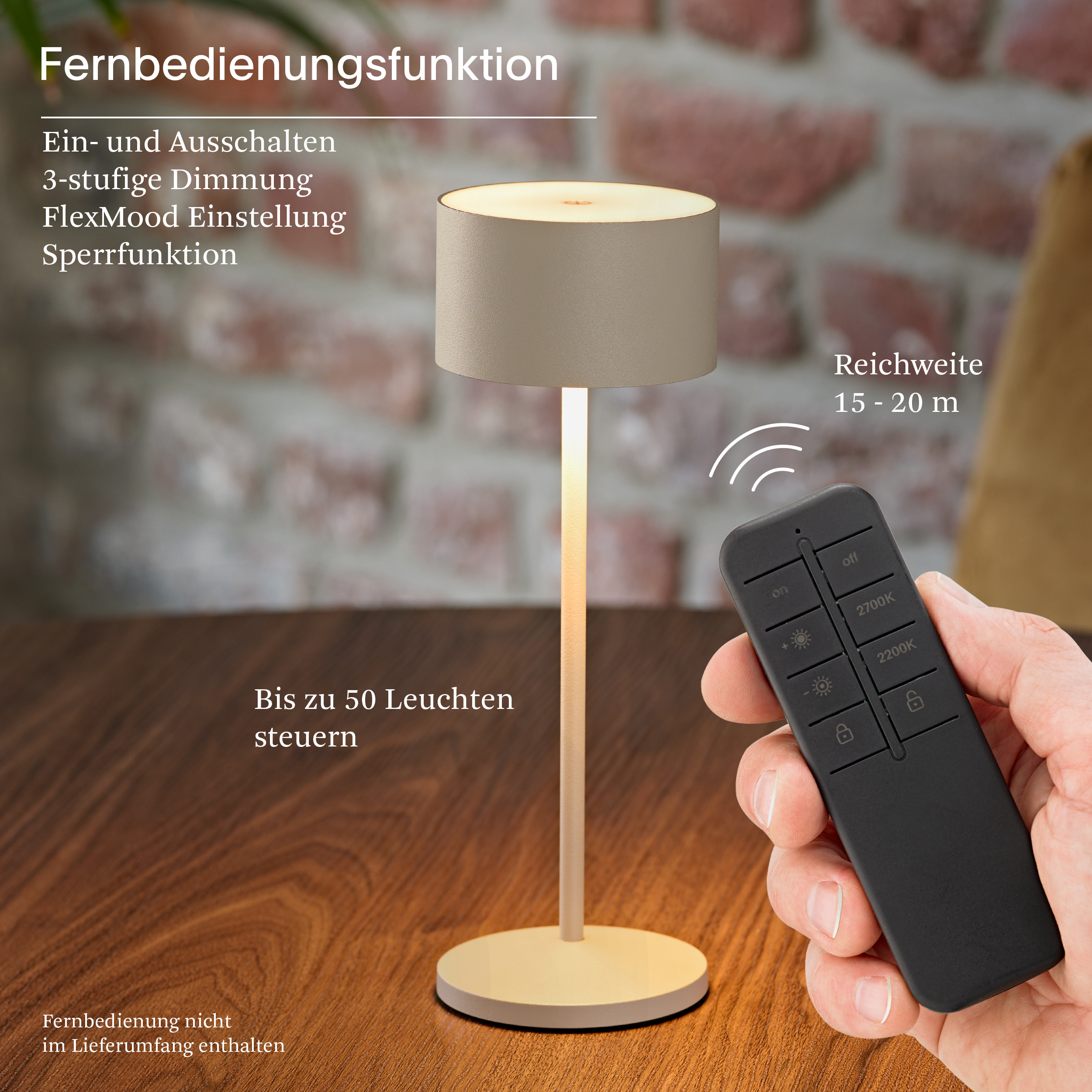 Eine Fernbedienung steuert eine Lampe, mit Funktionen wie Dimmung und Reichweite.