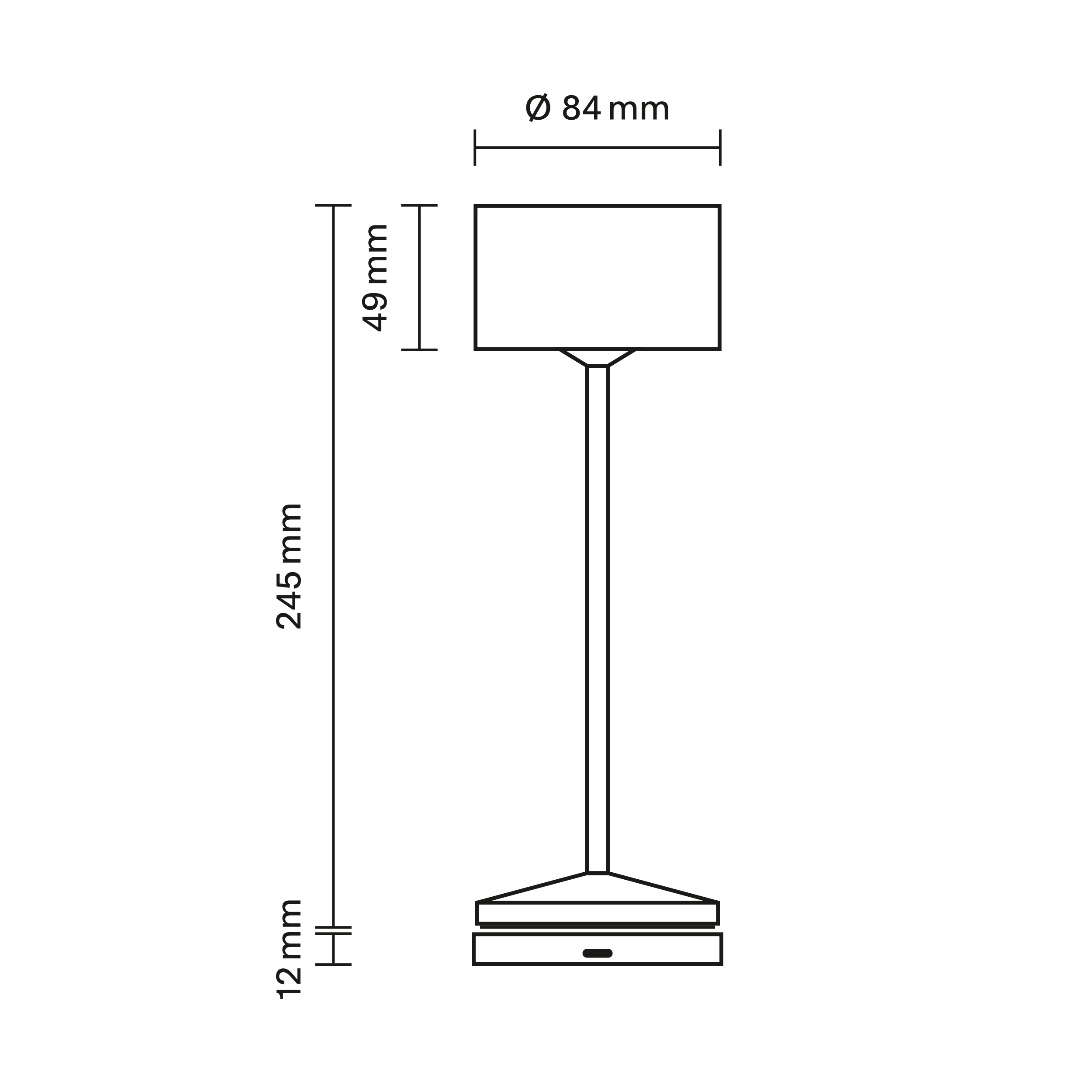 Technische Zeichnung einer Tischlampe mit Maßen: Höhe 245 mm, Durchmesser 84 mm.