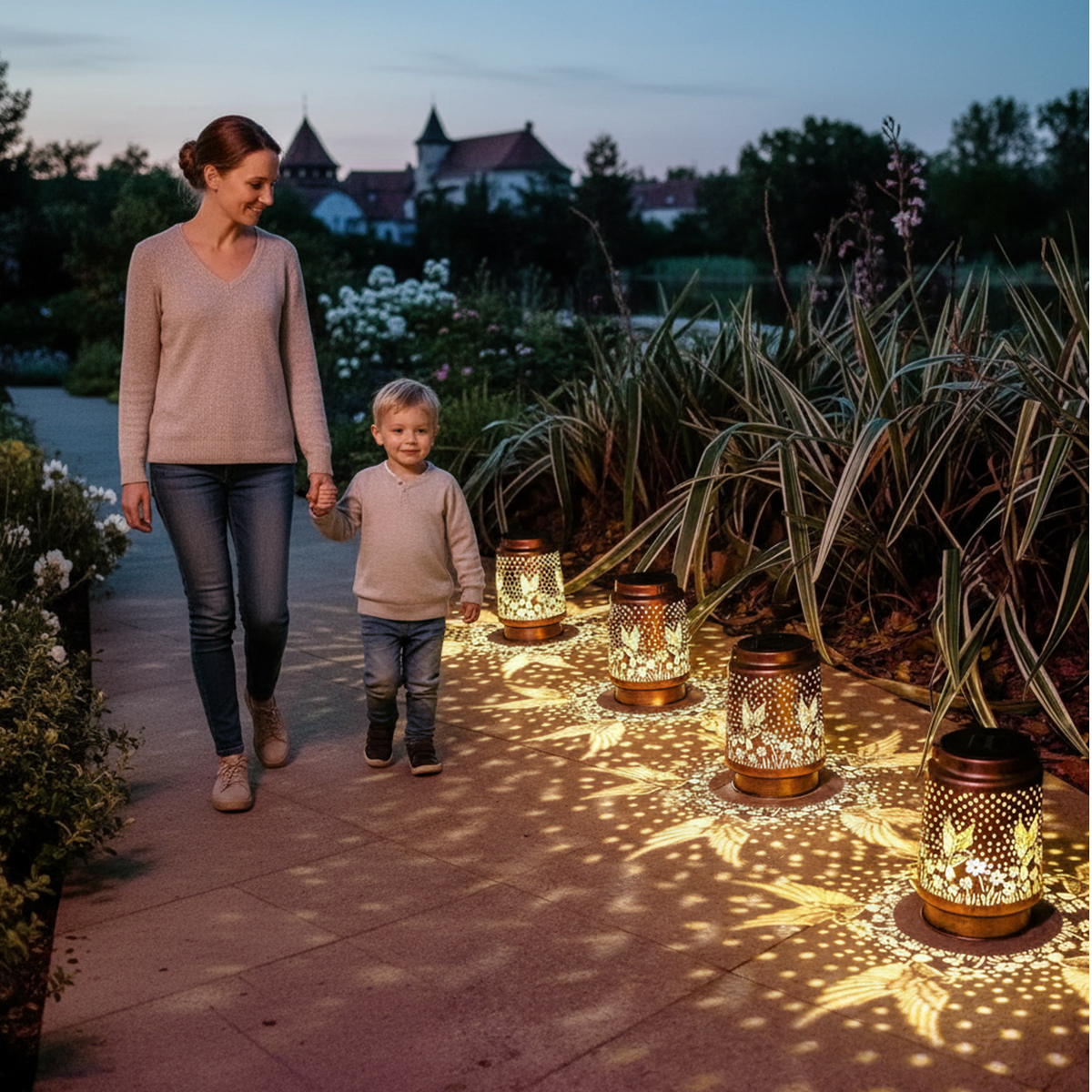 Frau und Kind gehen abends auf einem Weg mit leuchtenden Laternen.