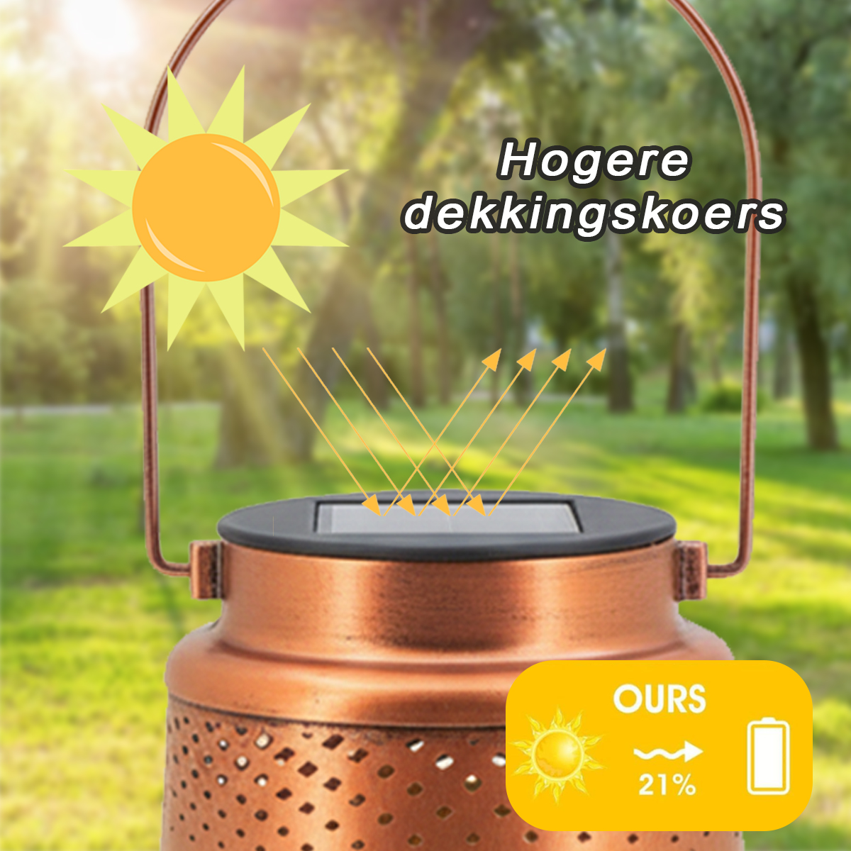 Kupferne Solar-Laterne mit Sonne und Ladeanzeige 21%.