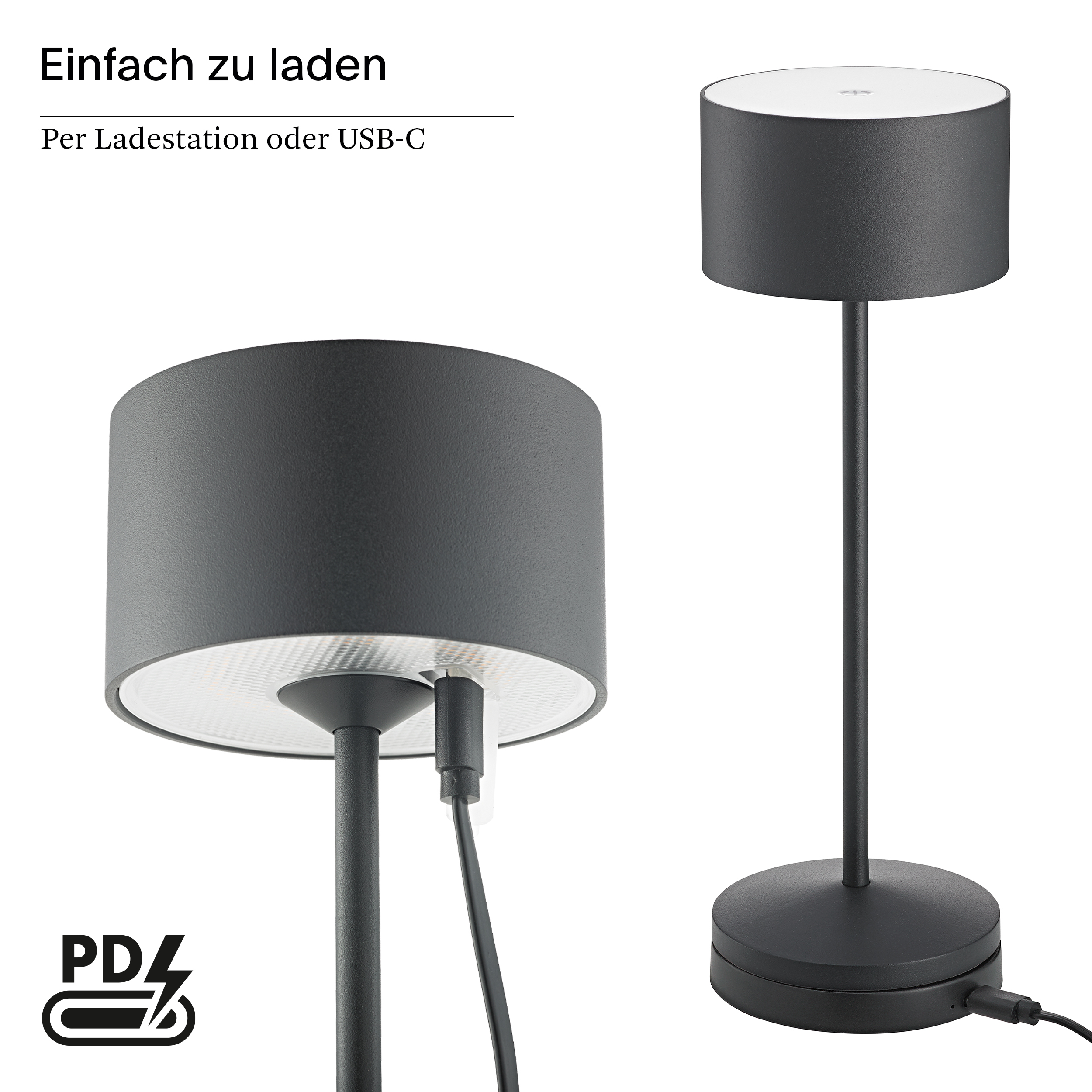 Eine schwarze Tischlampe mit zylindrischem Schirm und rundem Sockel.
