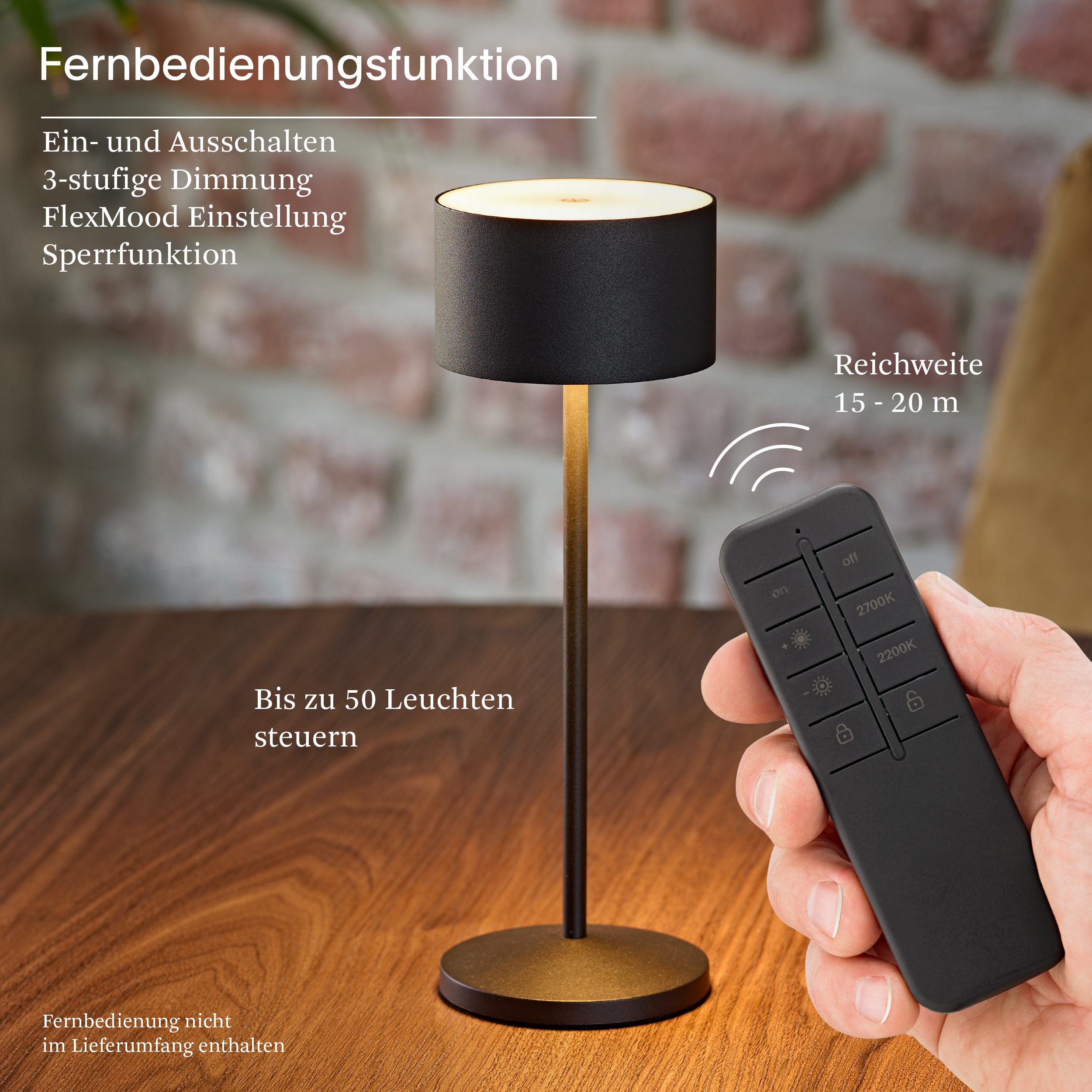 Schwarze Lampe mit Fernbedienung. Reichweite 15-20m. Steuert bis zu 50 Leuchten.