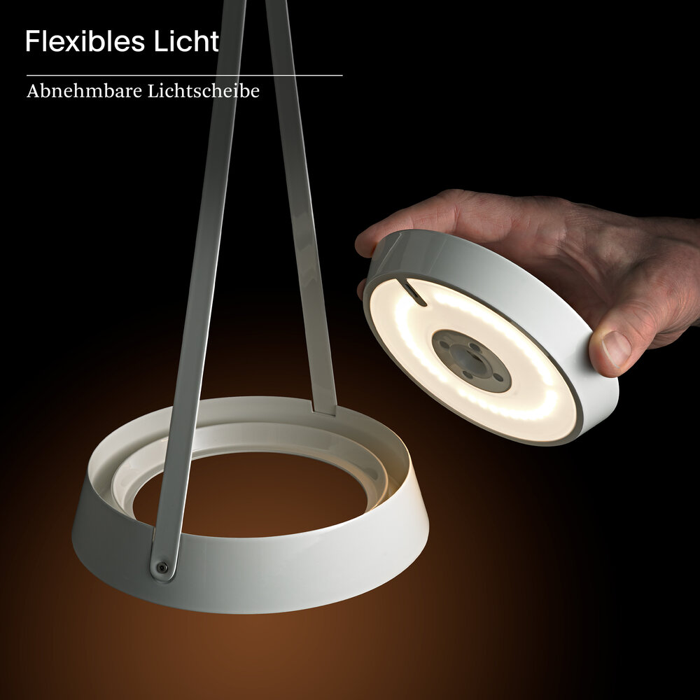 Eine Hand hält eine abnehmbare Lichtscheibe über einer weißen Lampenfassung.