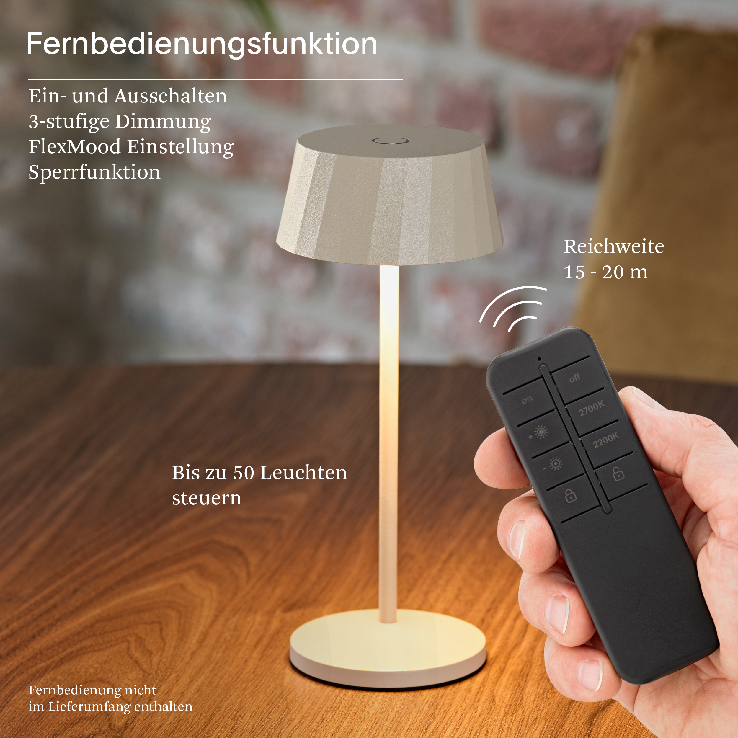 Eine Lampe mit Fernbedienung. Funktionen: Ein/Aus, Dimmung, Reichweite 15-20m.