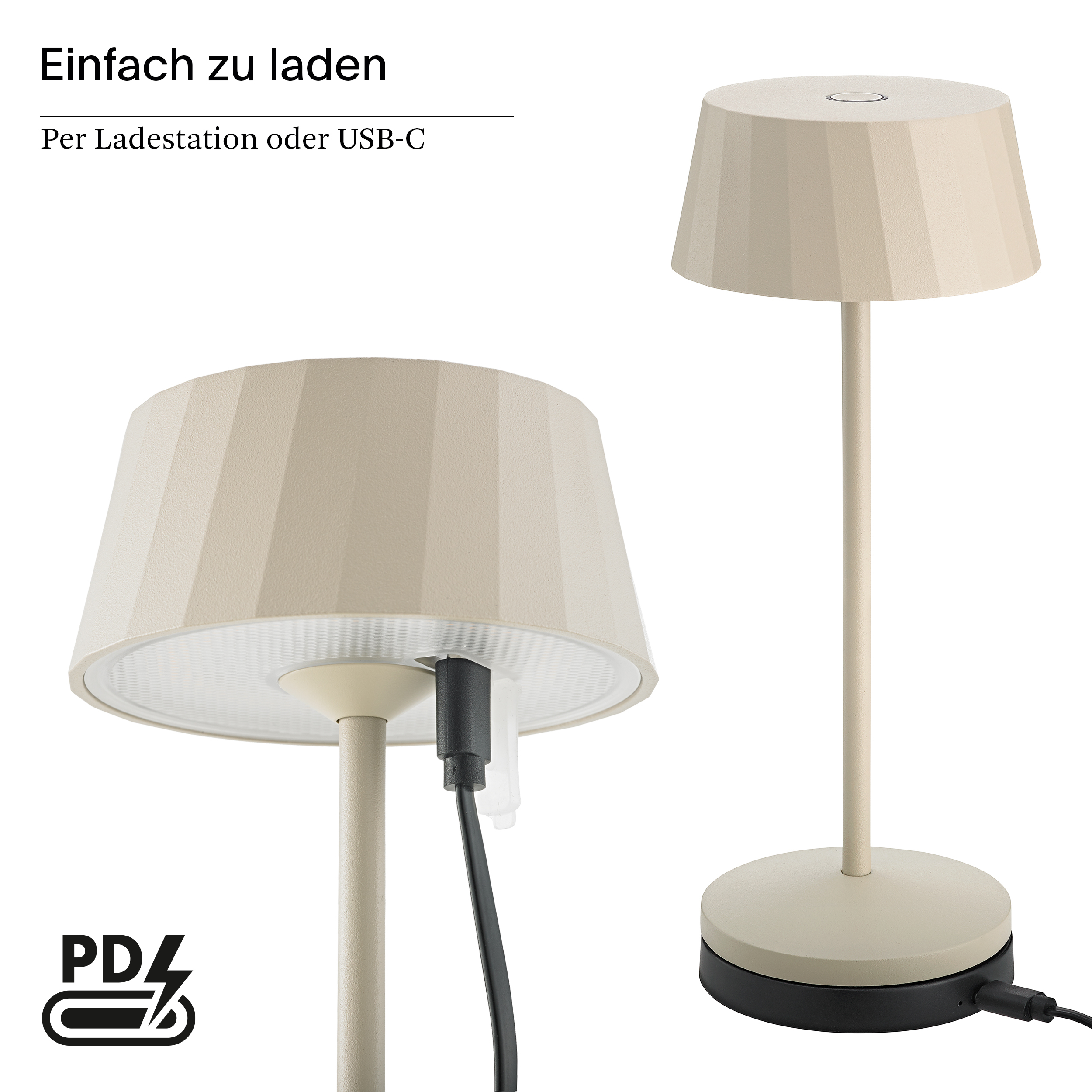 Eine beige Lampe wird über USB-C geladen. PD-Symbol sichtbar.