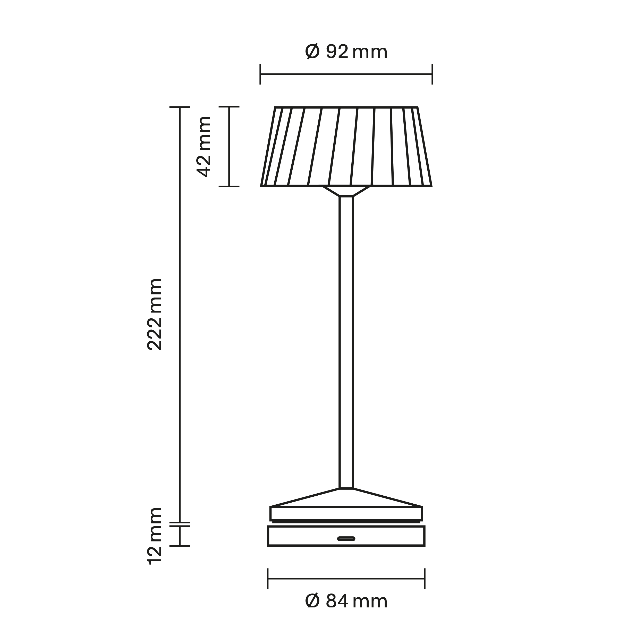 Technische Zeichnung einer Lampe mit Maßen.