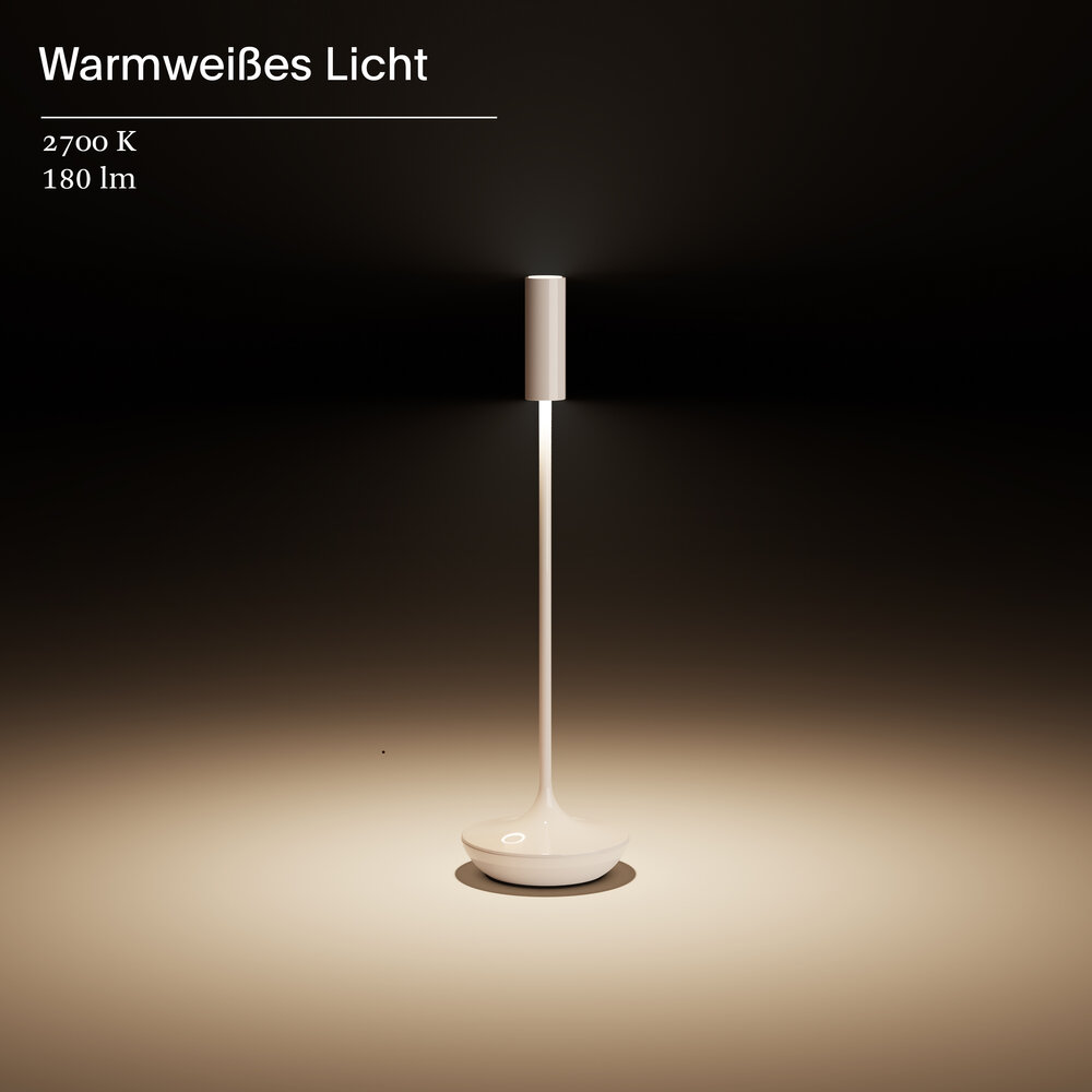 Weiße Lampe mit warmweißem Licht auf dunklem Hintergrund.