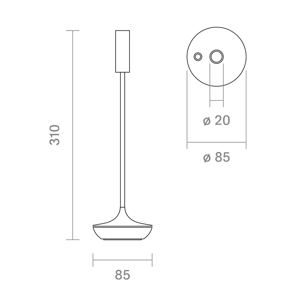 Technische Zeichnung einer Lampe mit Maßen. Höhe 310, Basisdurchmesser 85.