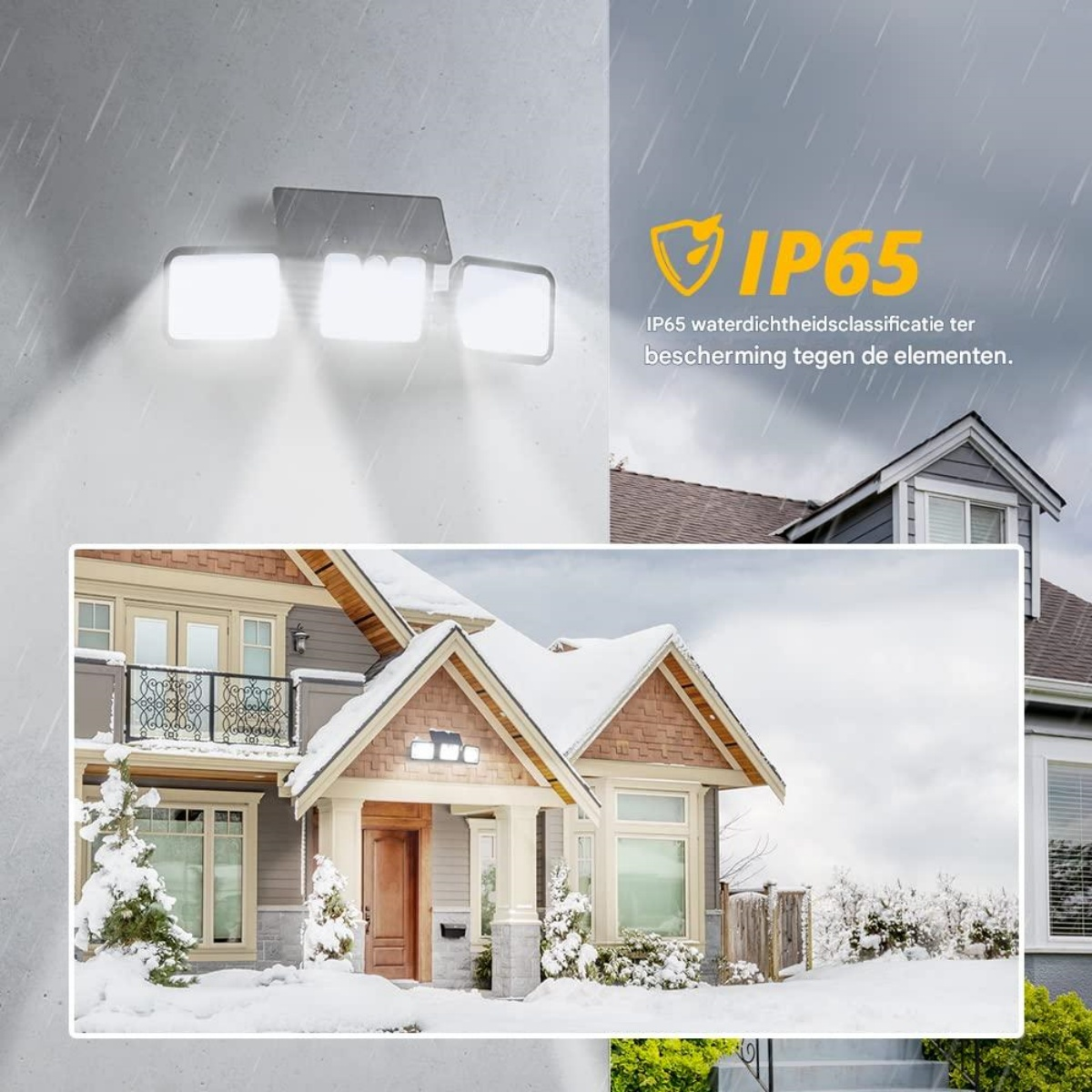 Solar-Außenleuchte mit drei Köpfen an einem Haus im Schnee.