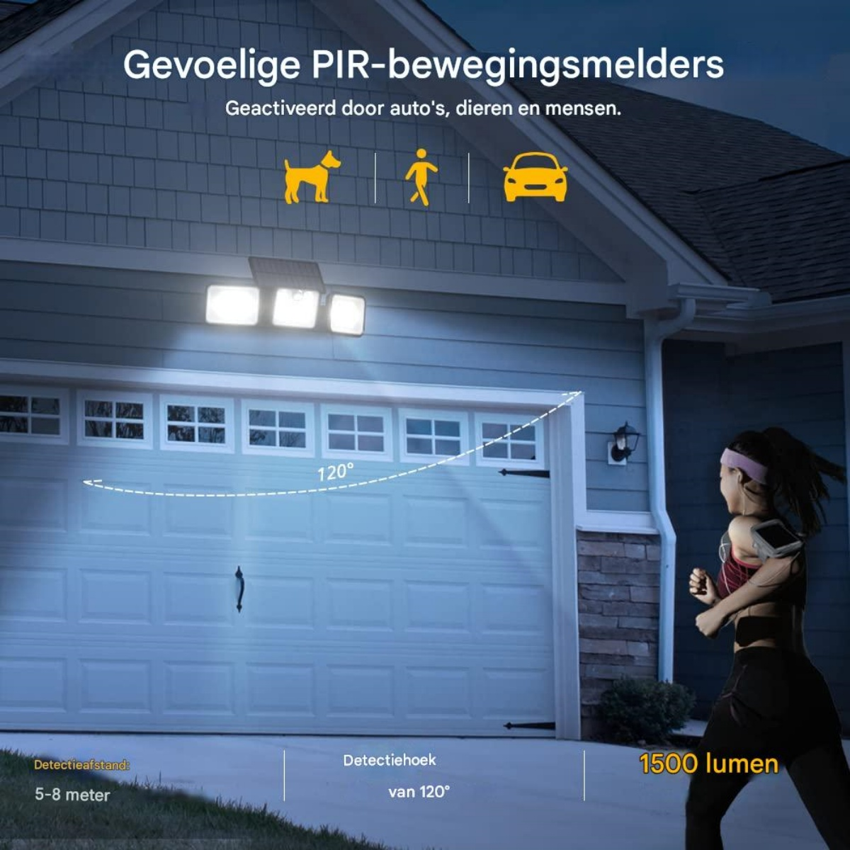Bewegungsmelder über Garagentor, mit Icons für Hund, Mensch, Auto. Läuferin rechts.