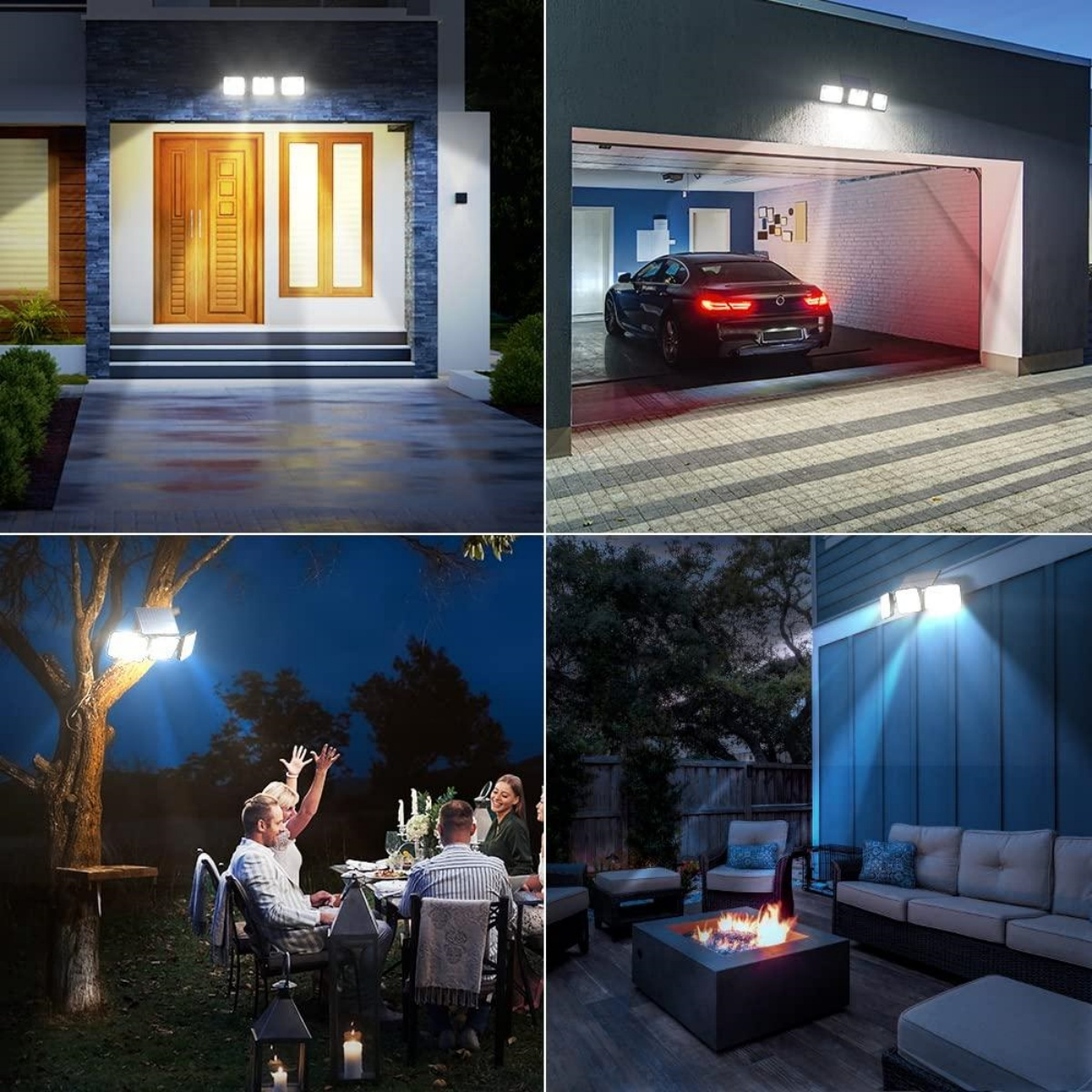 Vier Szenen zeigen Außenbeleuchtung: Hausfront, Garage, Gartenparty, Terrasse mit Feuerstelle.