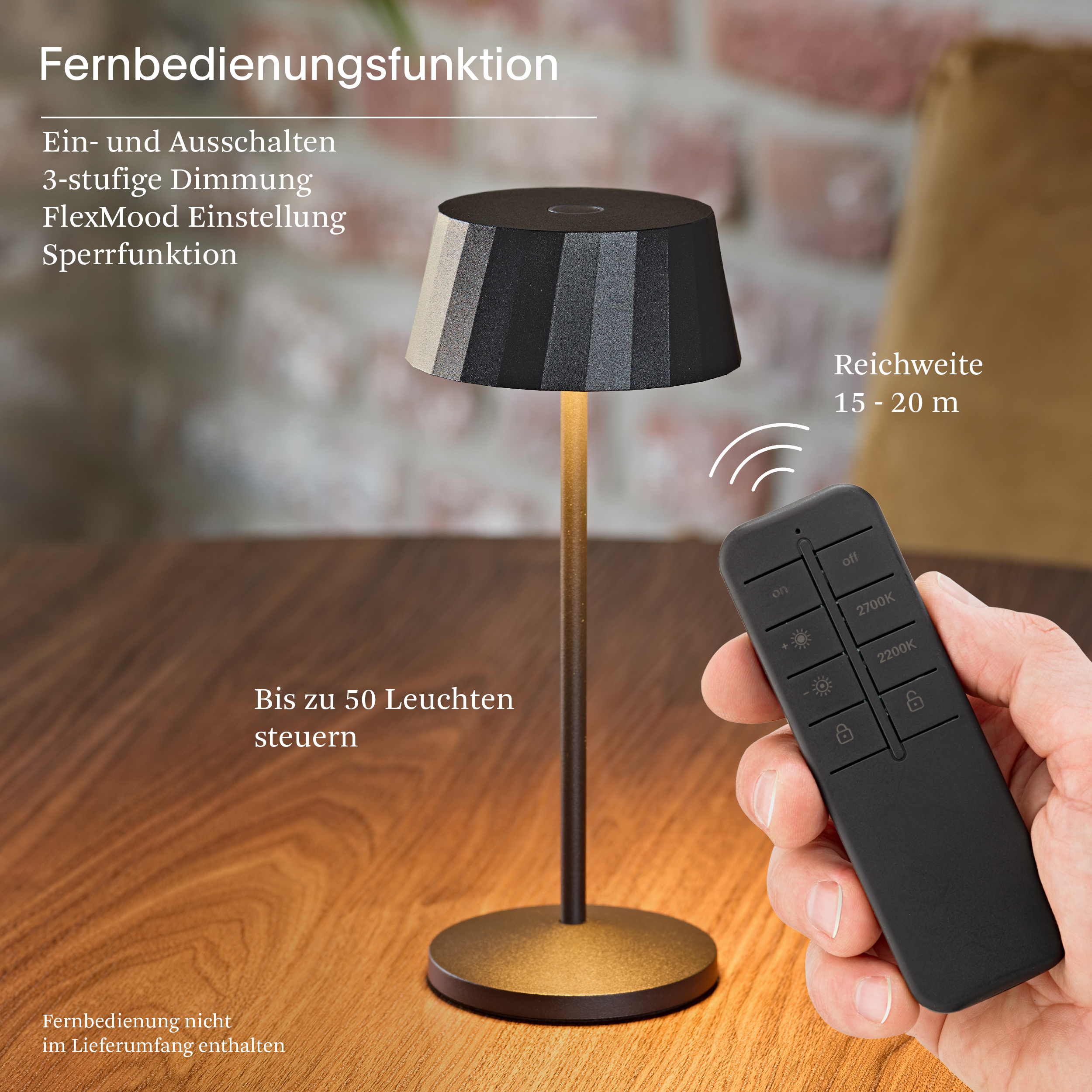 Schwarze Lampe mit Fernbedienung, die Ein/Aus, Dimmung und Reichweite zeigt.