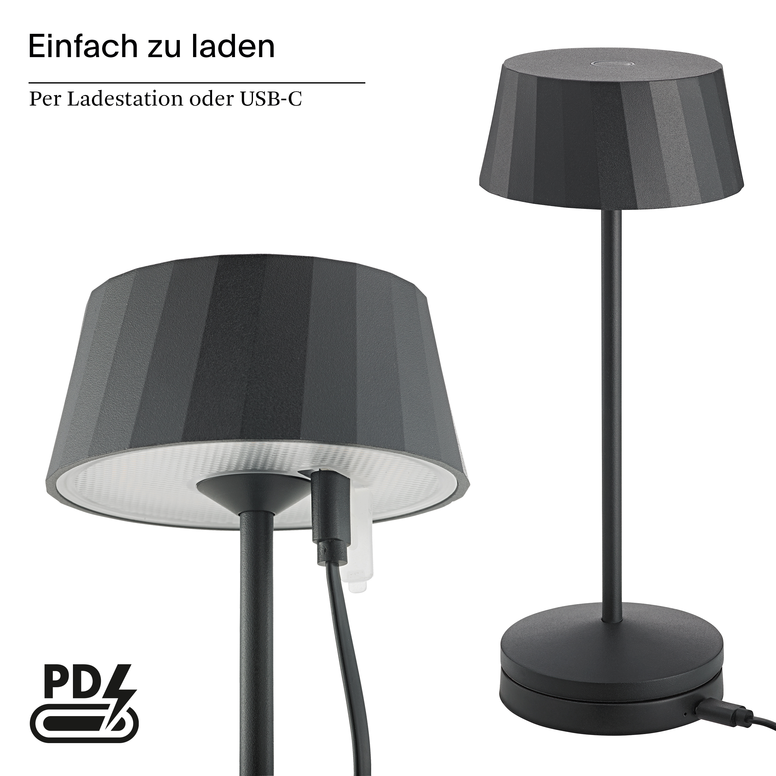Schwarze Tischlampe mit geripptem Lampenschirm, lädt über USB-C.