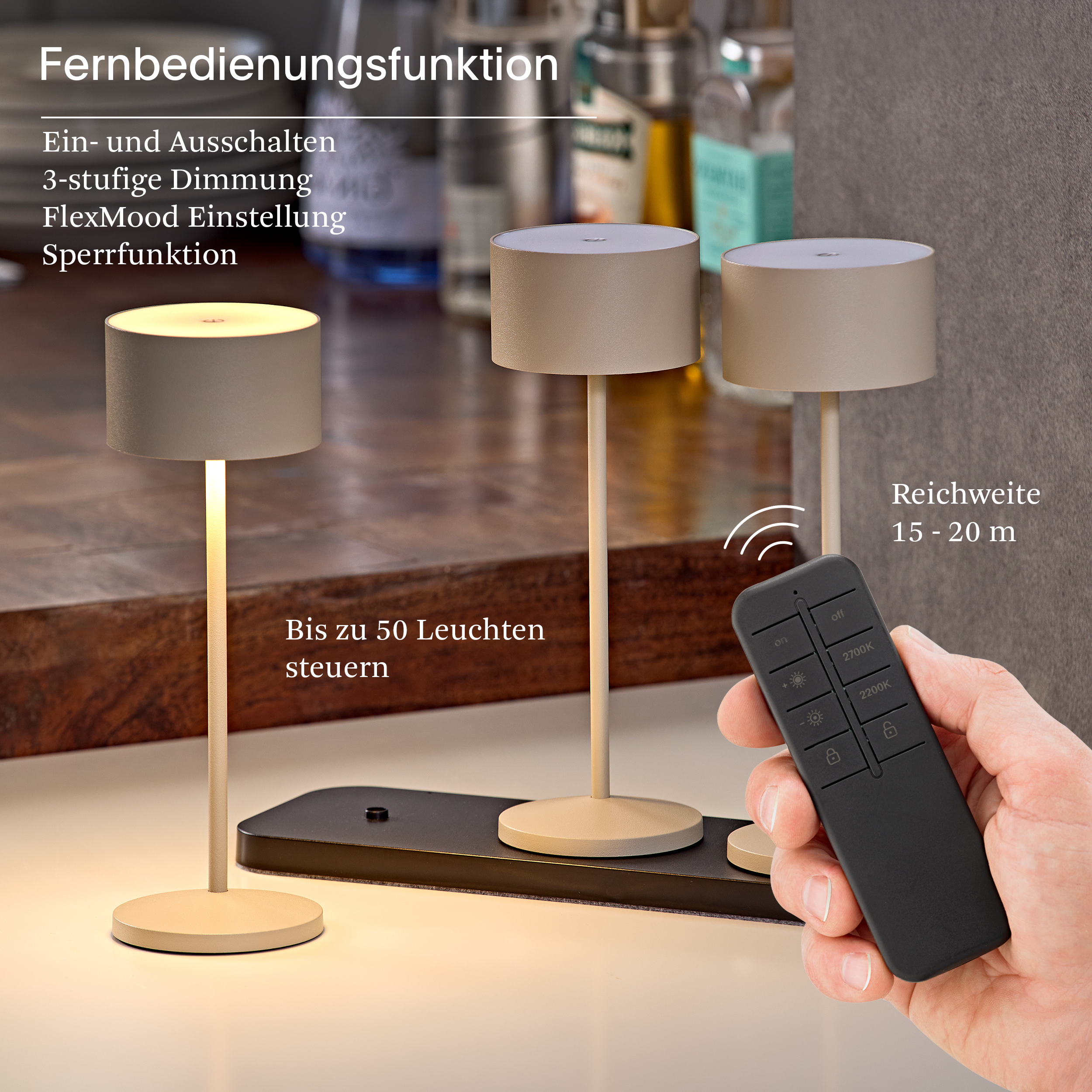 Fernbedienung steuert bis zu 50 Lampen mit 15-20m Reichweite.