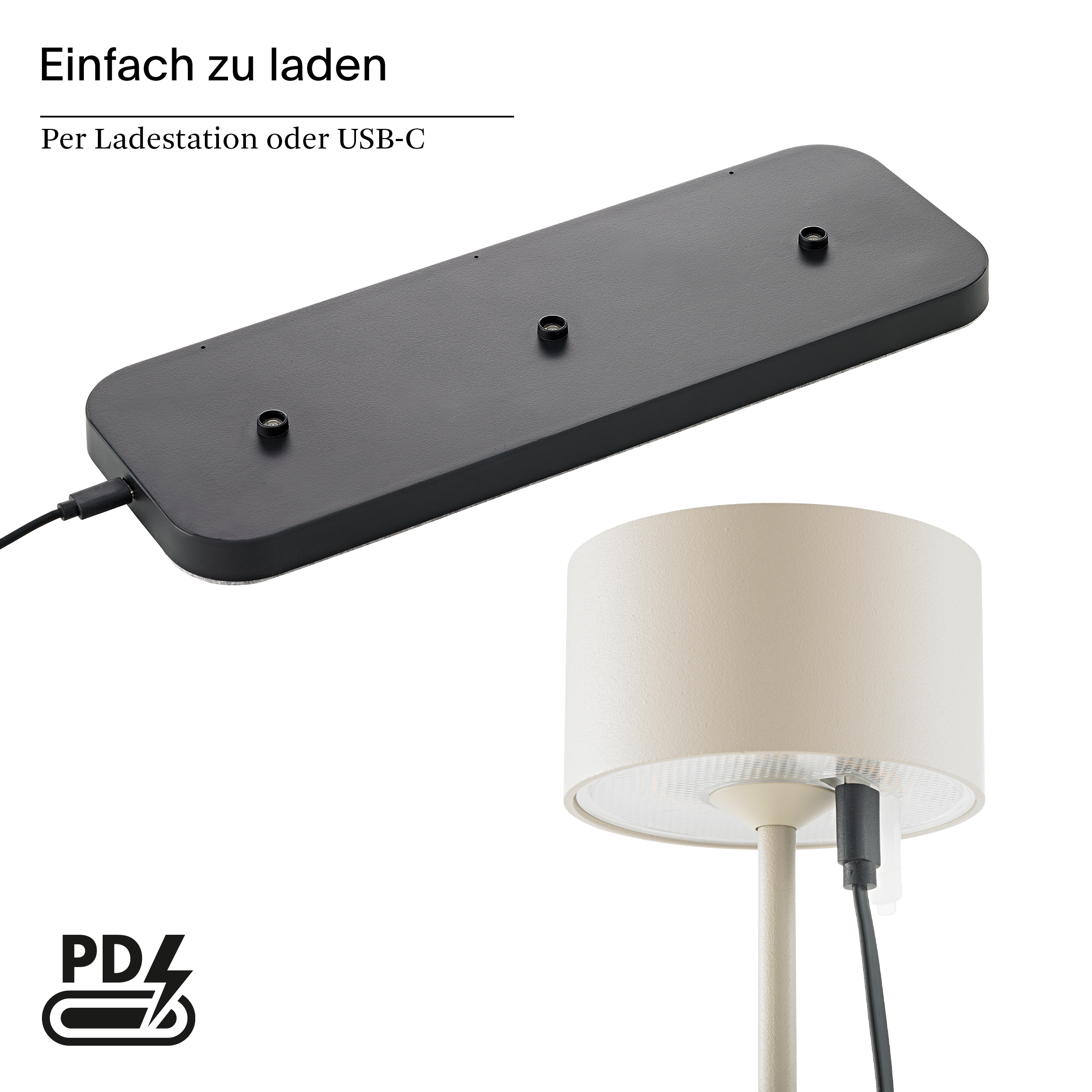 Schwarze Ladestation mit drei Ladekontakten und einer USB-C-Buchse.