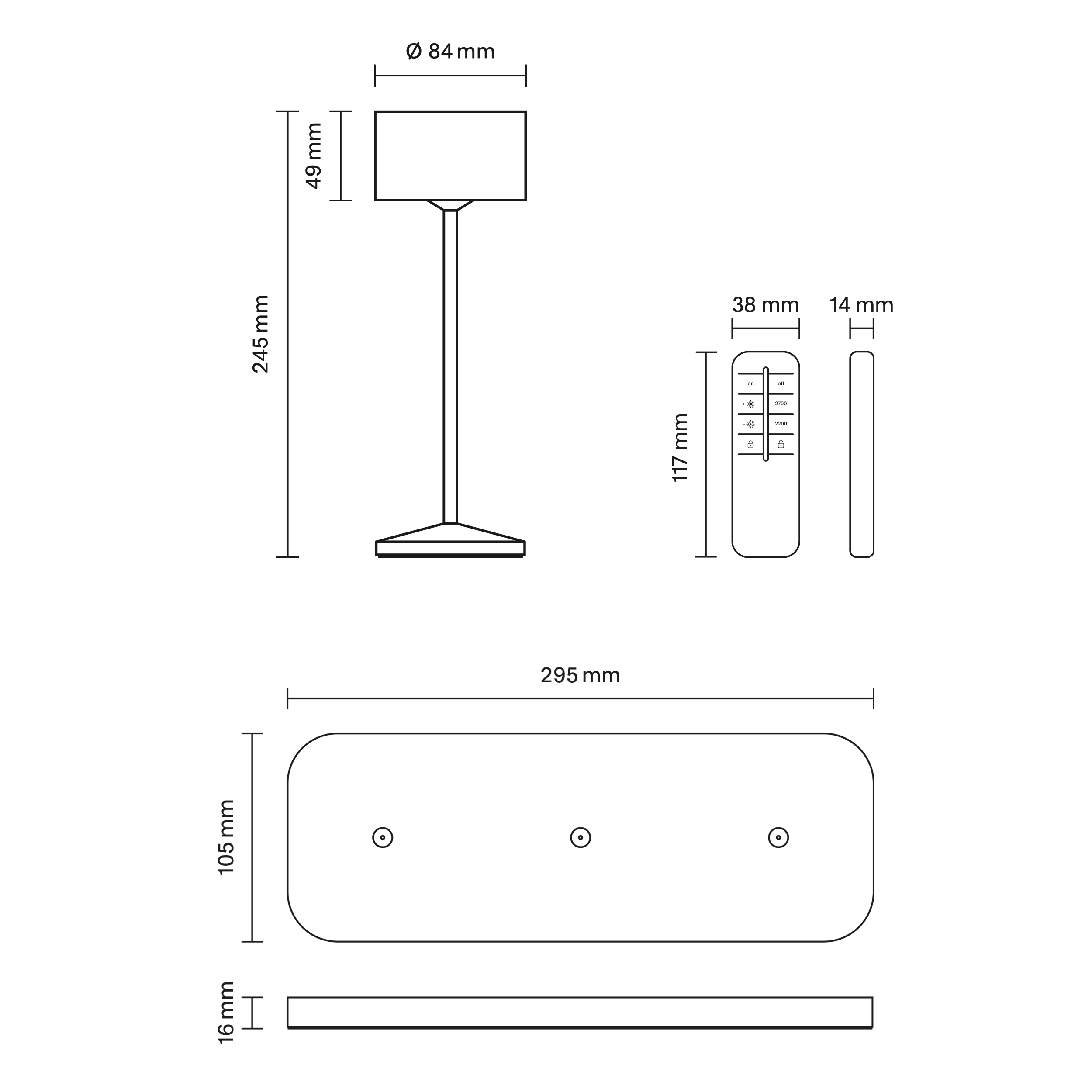 Technische Zeichnung einer Lampe mit Fernbedienung und Sockel.