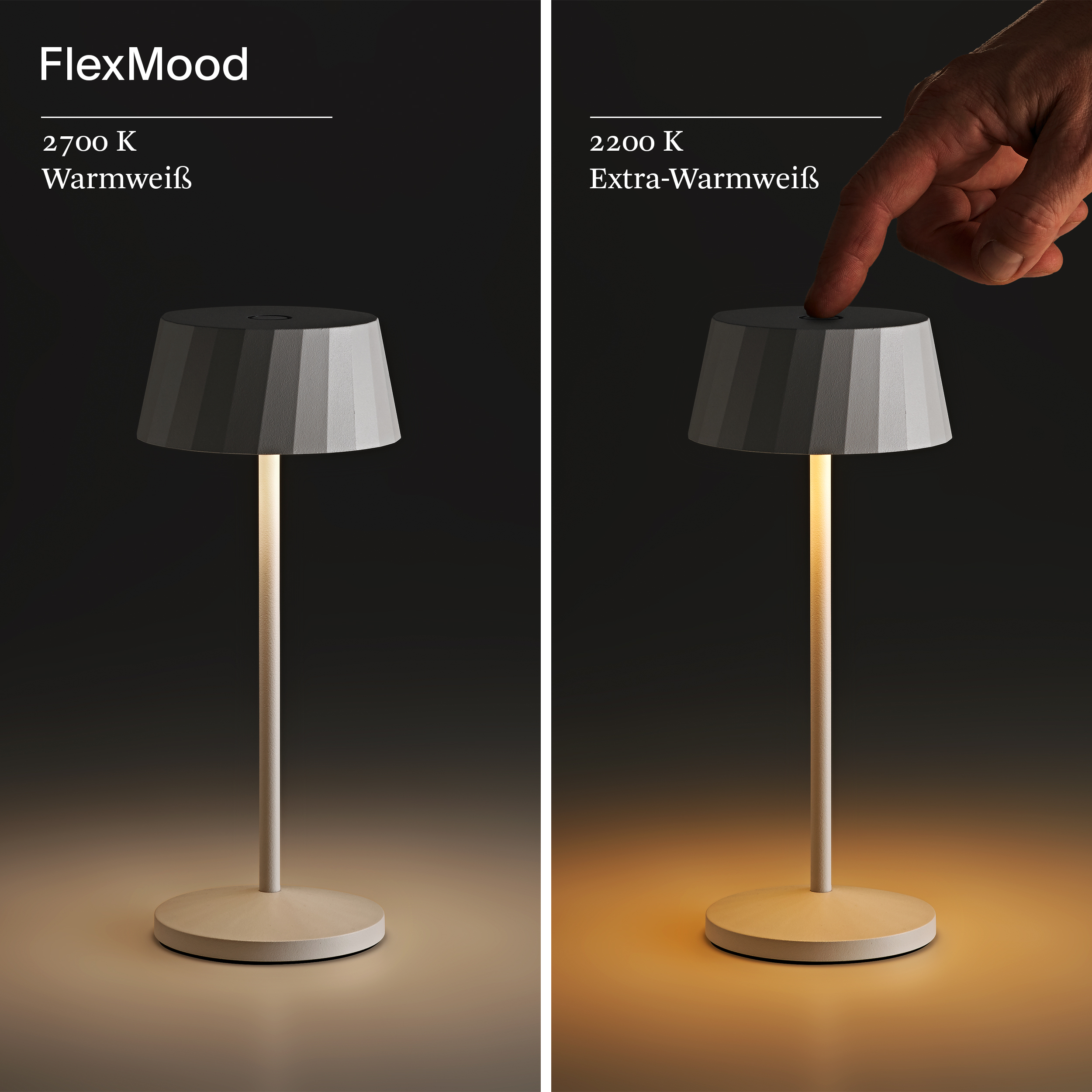Zwei Lampen: eine mit warmweißem, die andere mit extra-warmweißem Licht. Eine Hand bedient die rechte Lampe.