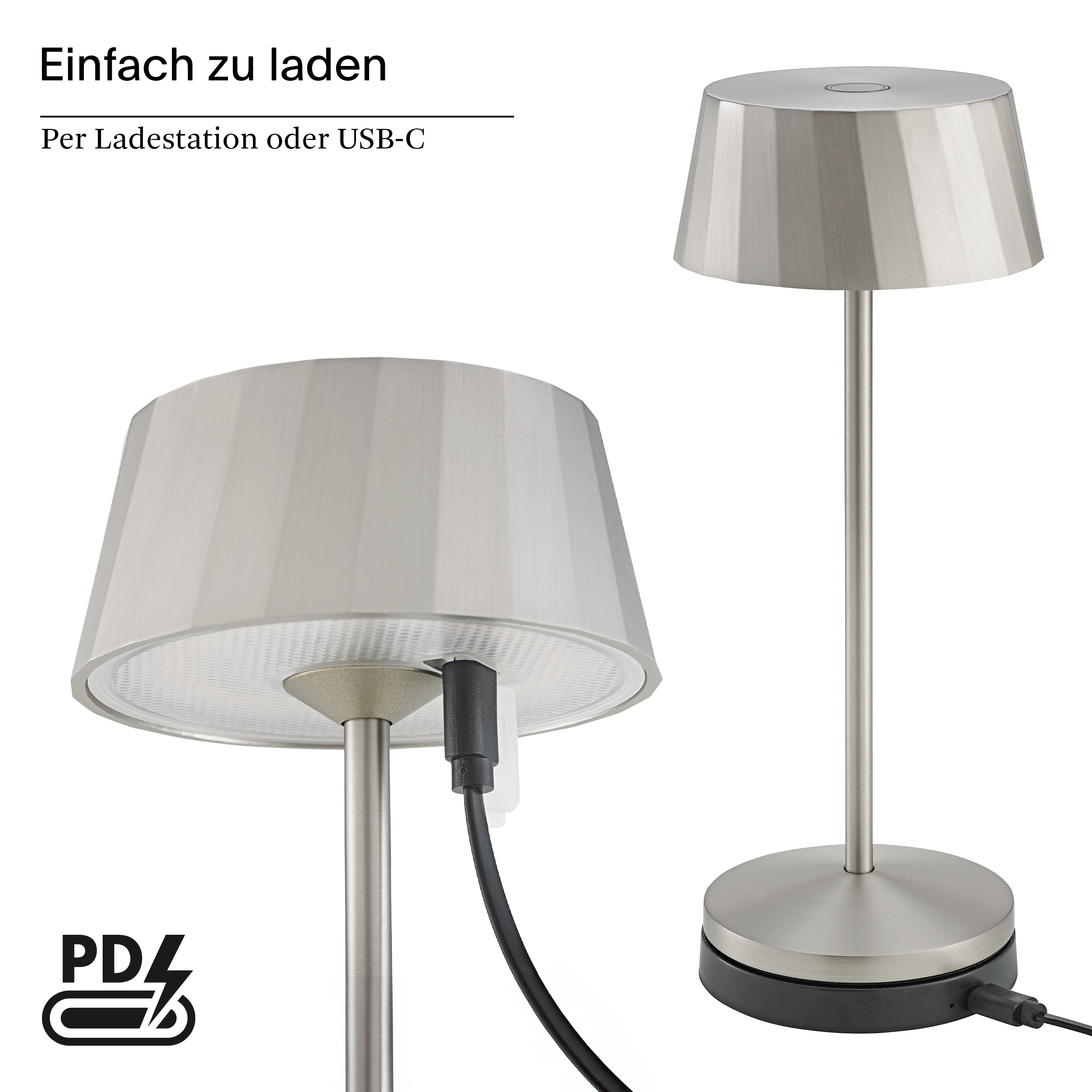 Silberne Tischlampe mit geripptem Schirm, lädt über USB-C. PD-Symbol.