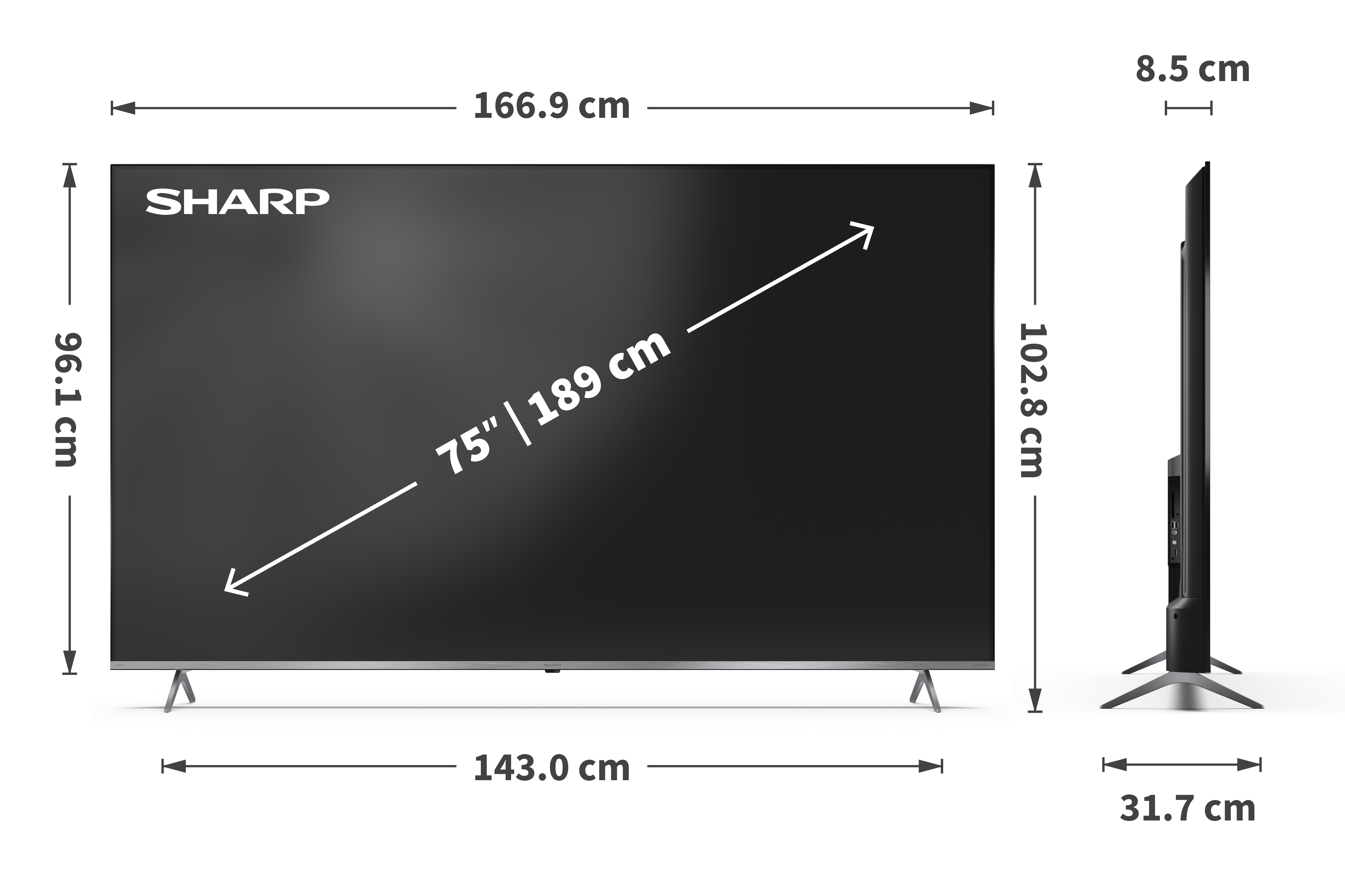 Schwarzer Sharp-Fernseher mit Maßen: 166,9 cm Breite, 96,1 cm Höhe.