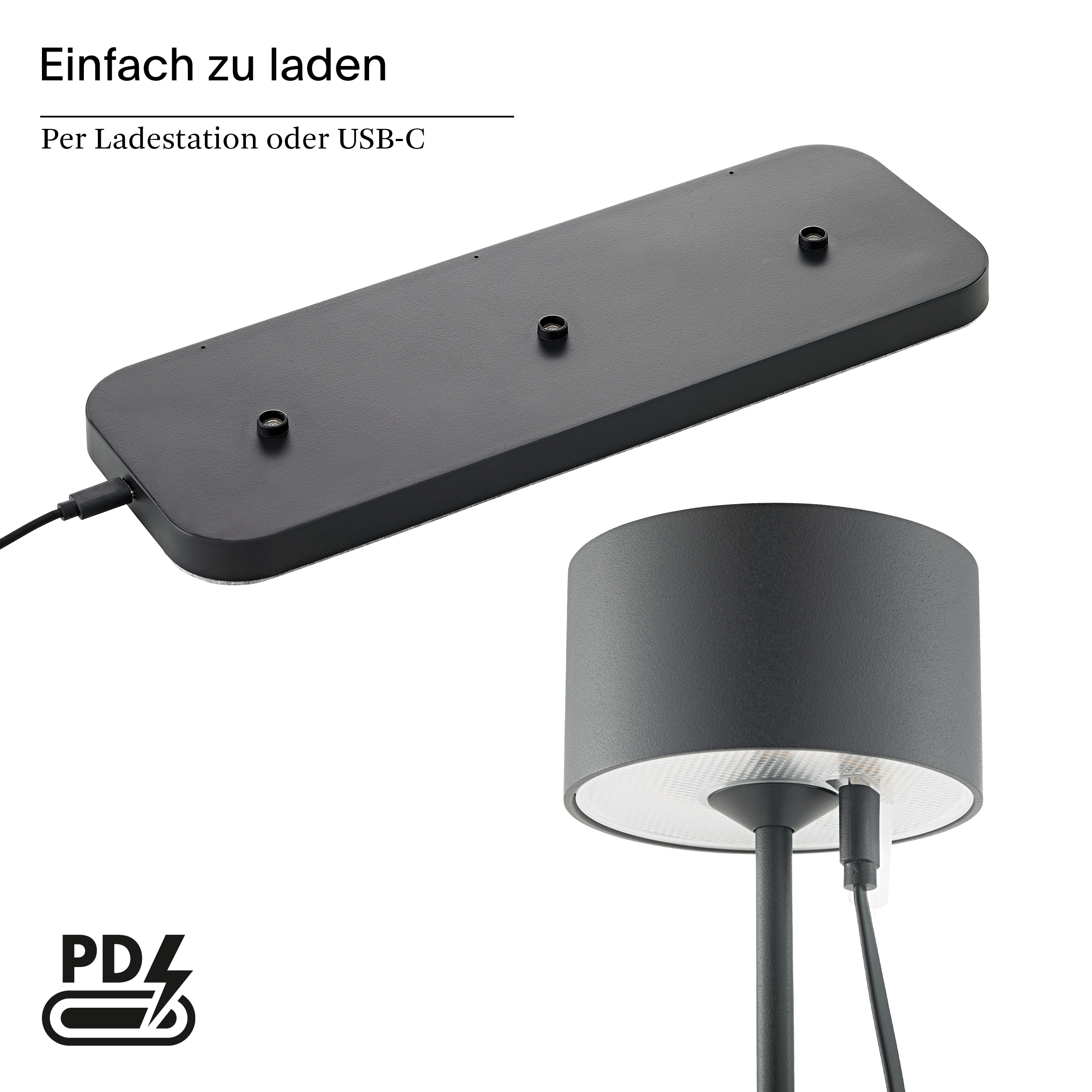 Schwarze Ladestation und Lampenkopf mit USB-C-Anschluss. PD-Symbol.