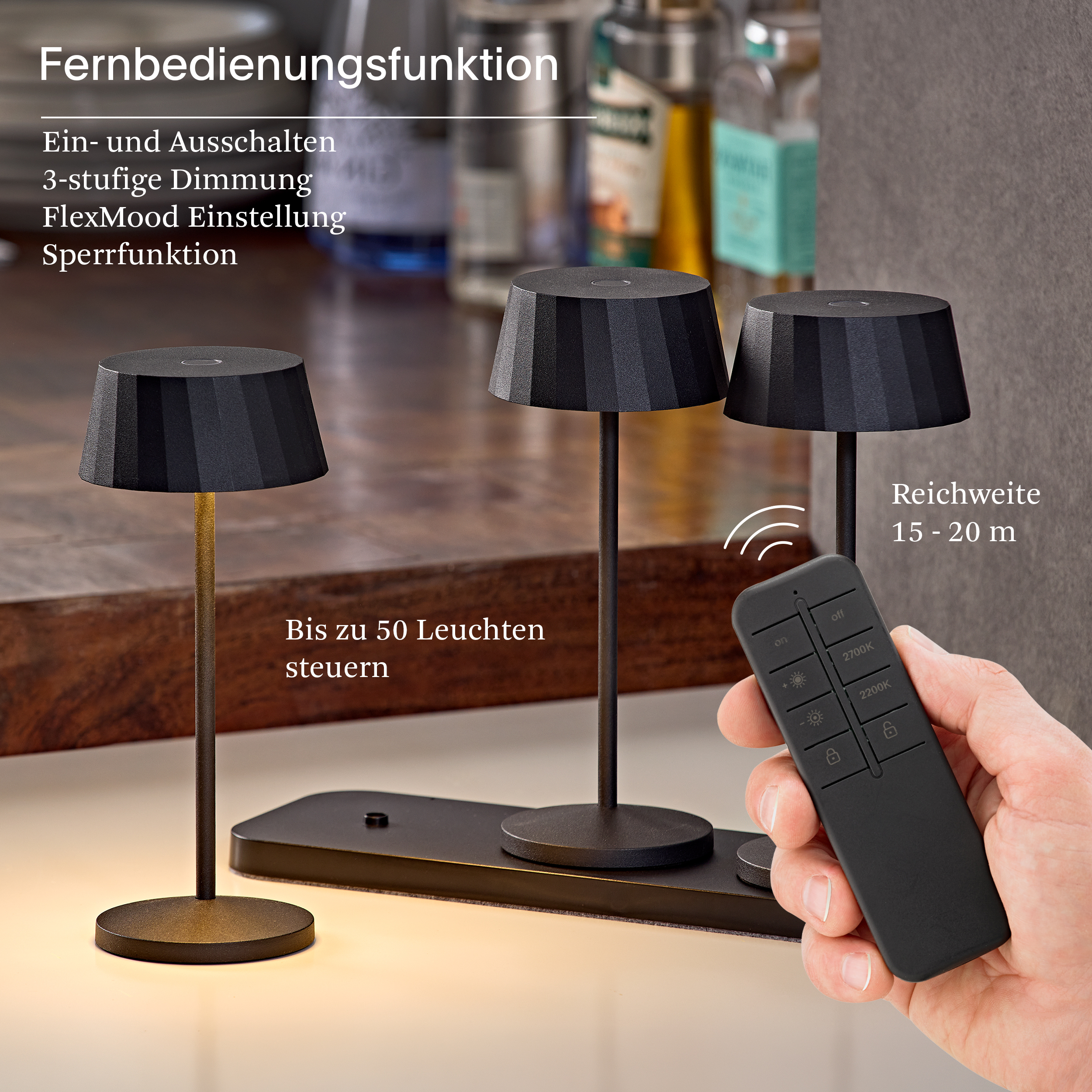 Drei schwarze Lampen mit Fernbedienung, Reichweite 15-20m.