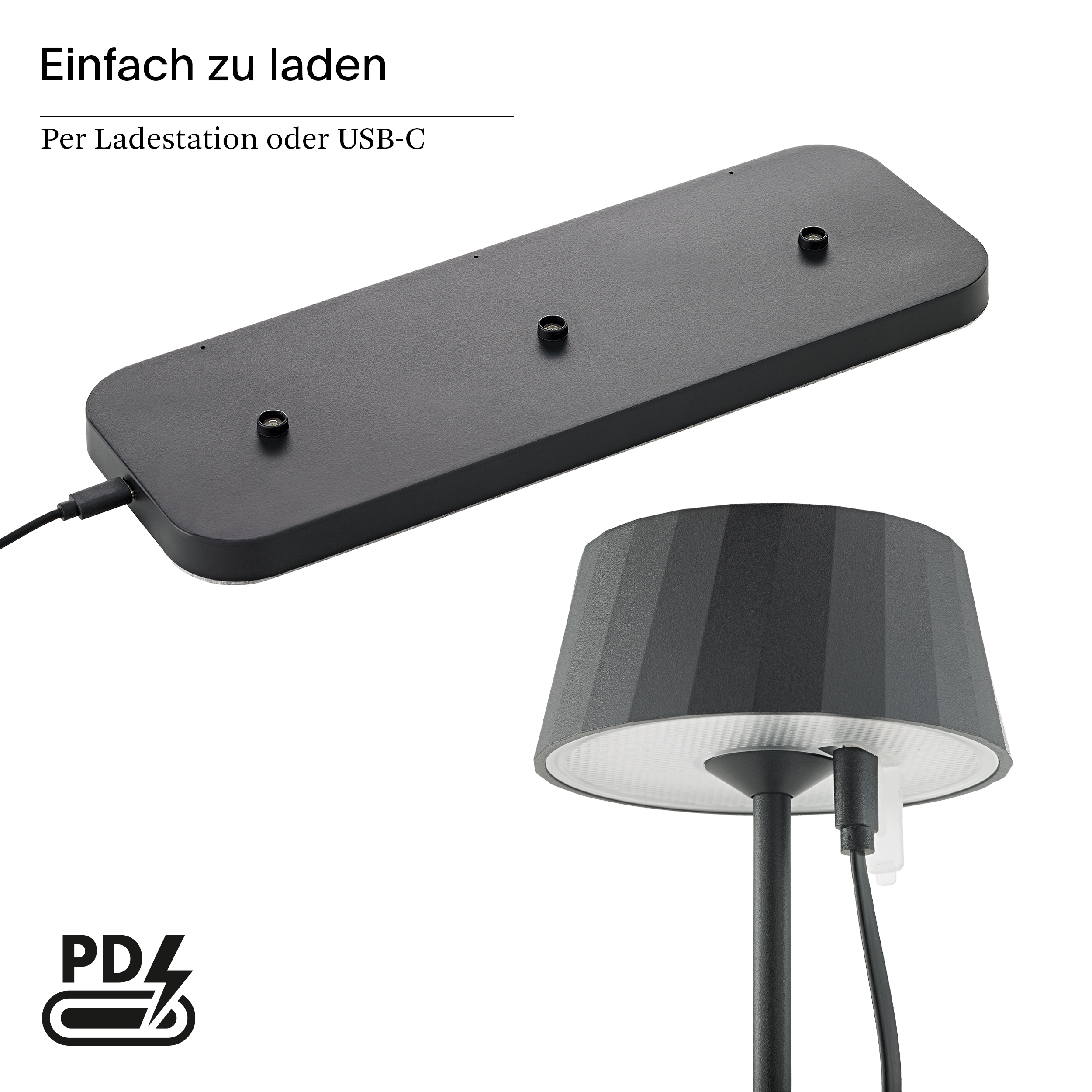 Schwarze Ladebasis mit USB-C-Anschluss und Lampe. PD-Symbol.