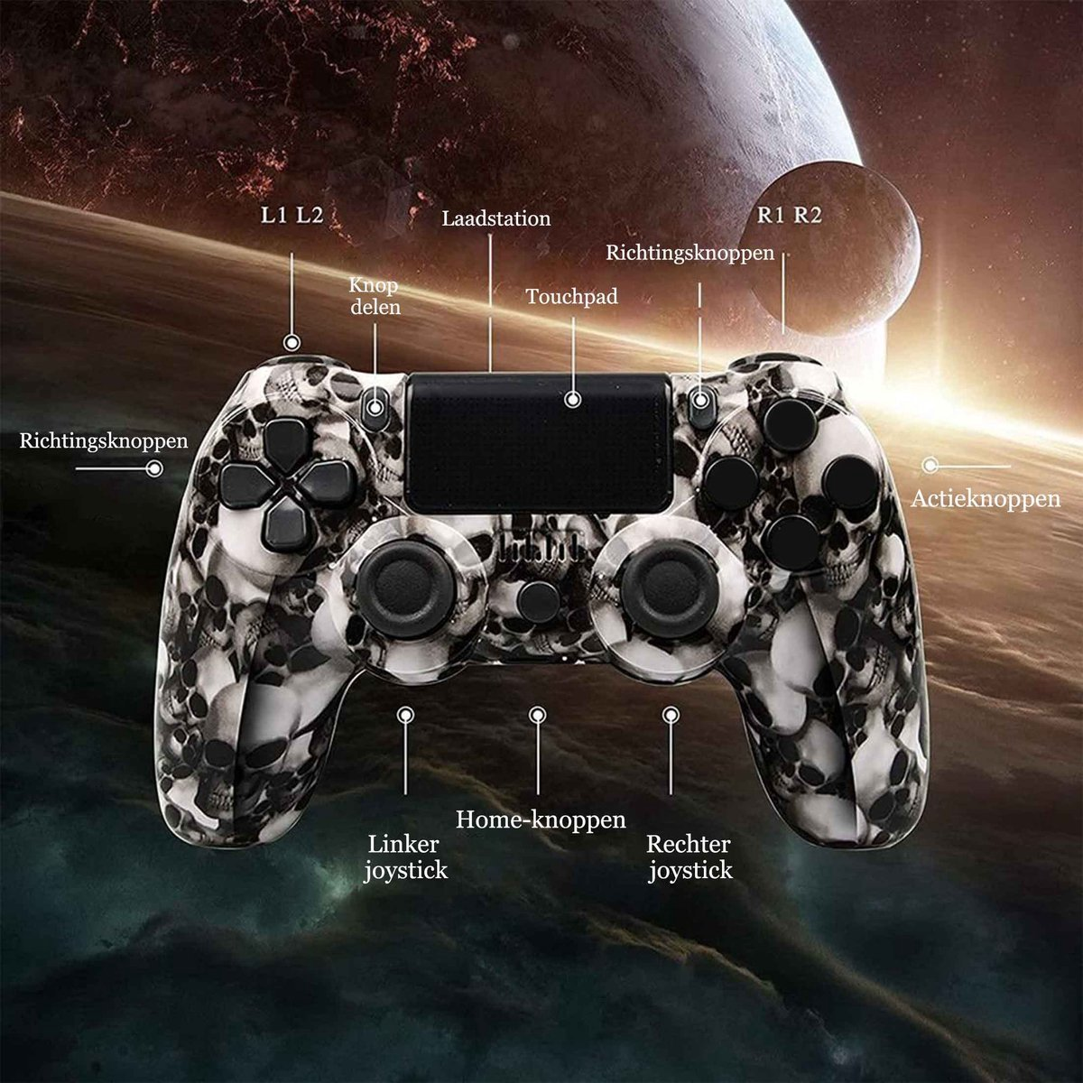Ein Gamecontroller mit Totenkopf-Design, beschrifteten Tasten und Weltraum-Hintergrund.