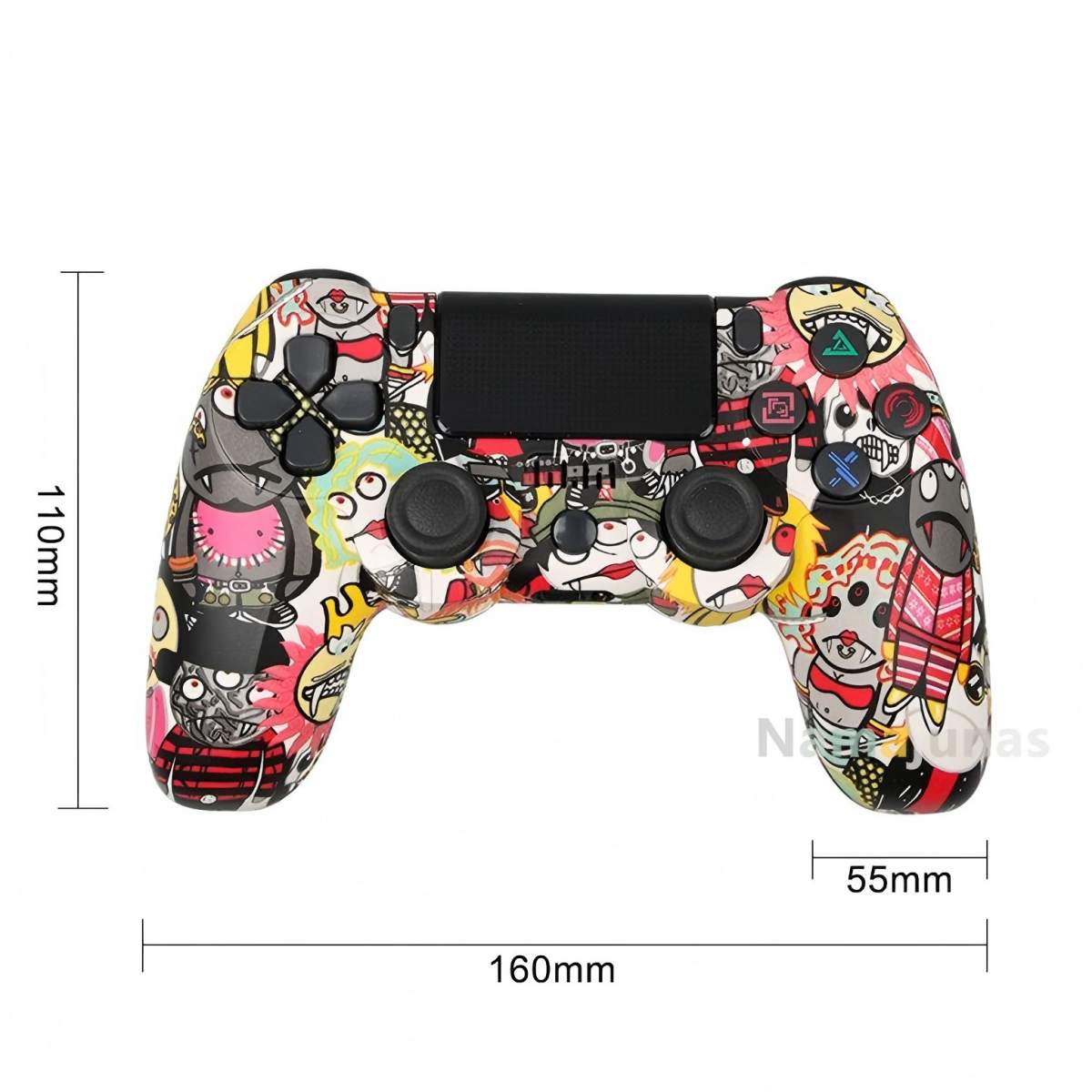 Ein bunter Gaming-Controller mit Comic-Motiven, Maße 160x110x55mm.