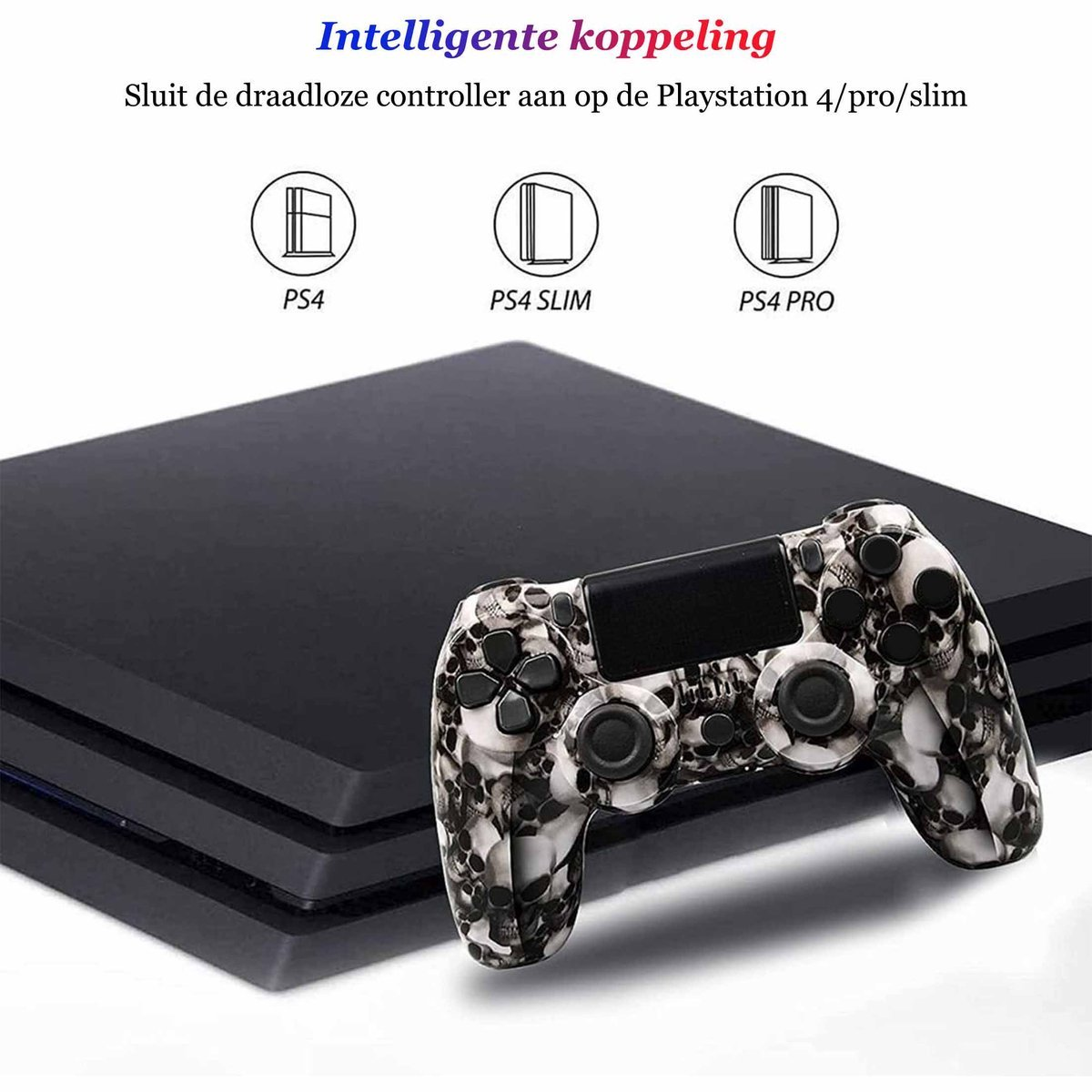 Ein schwarzer PS4-Controller mit Totenkopfmuster liegt vor einer schwarzen PS4-Konsole.