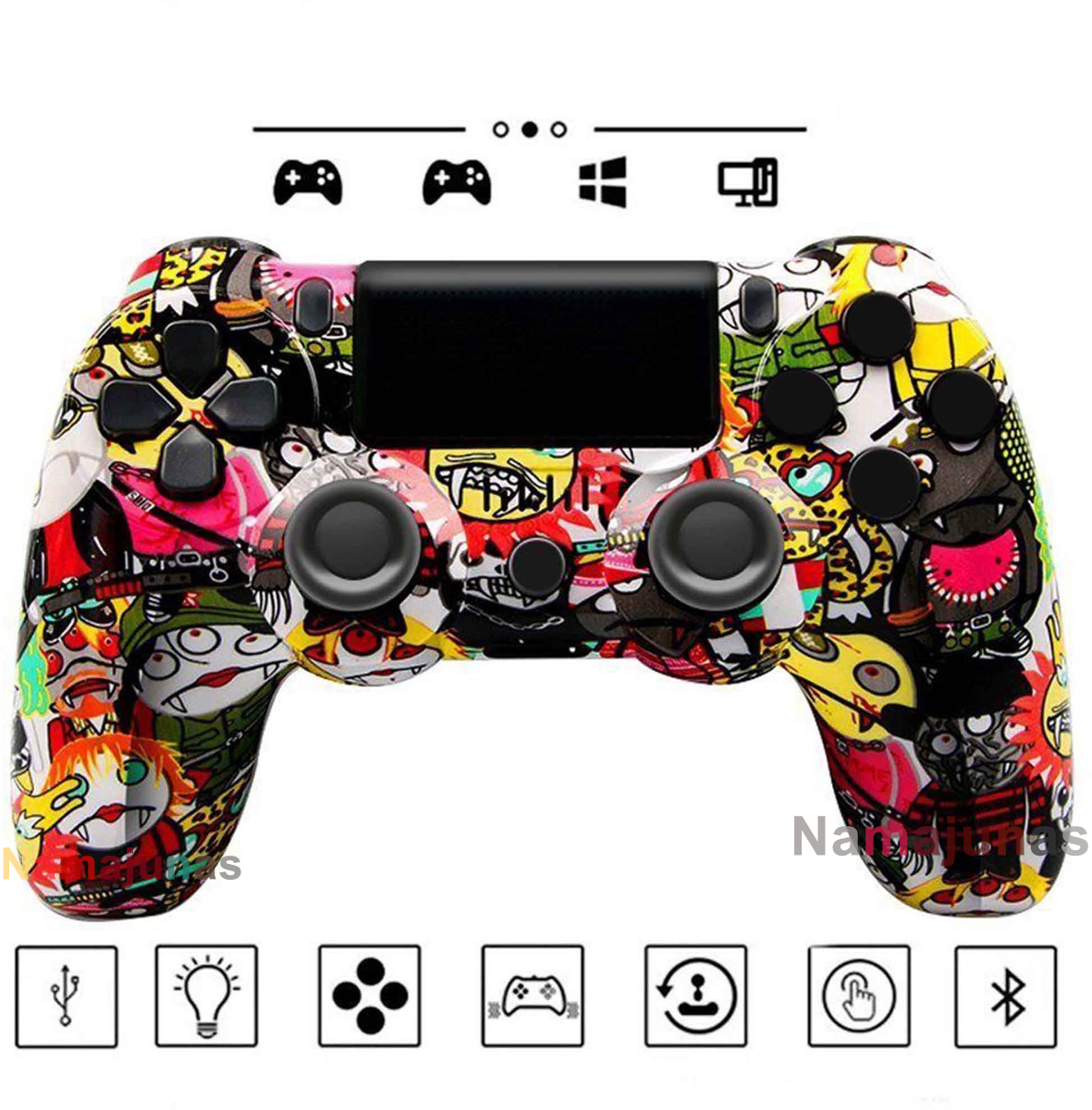 Ein bunter Gamecontroller mit Comic-Figuren und Symbolen.
