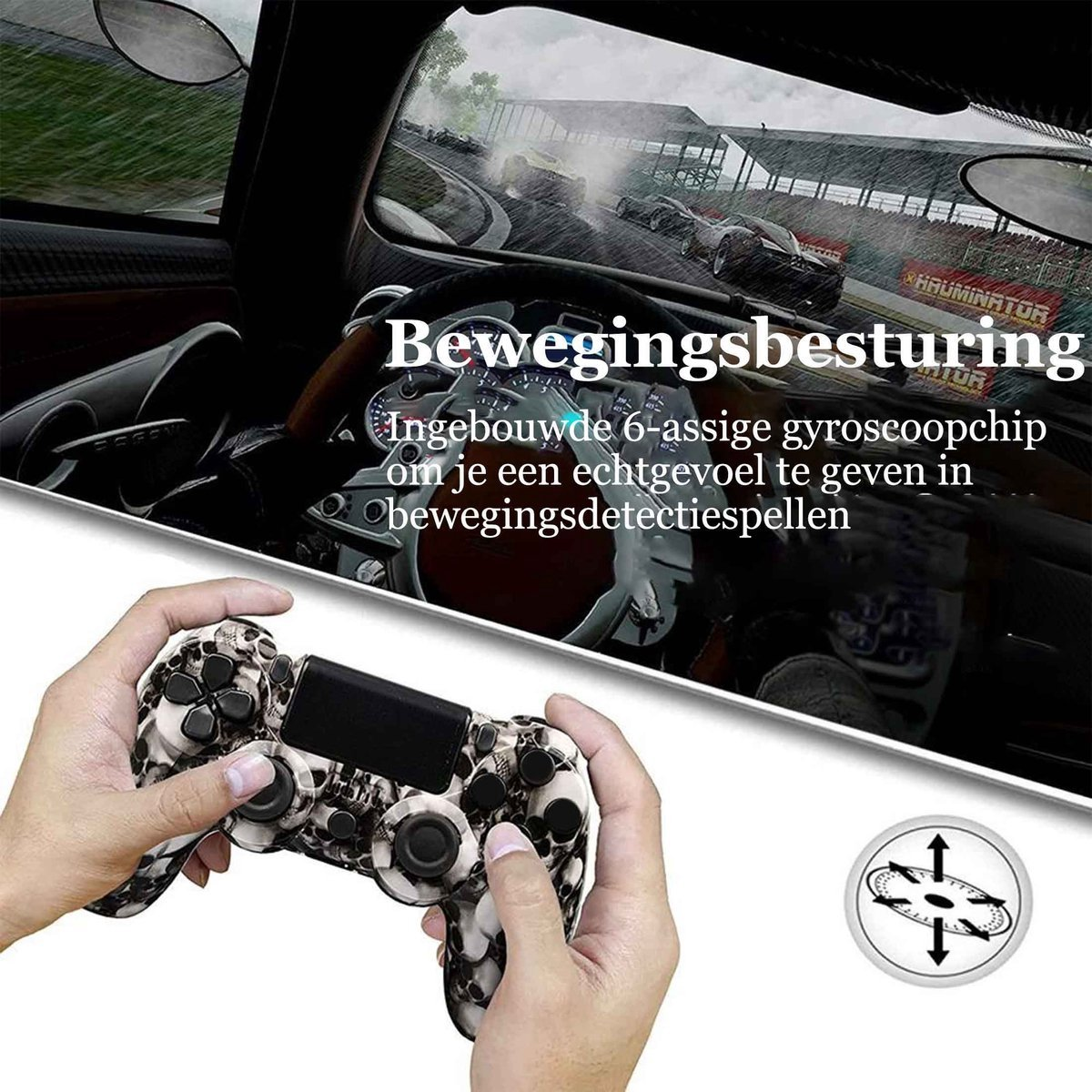 Ein Controller mit Totenkopfdesign wird gehalten, um ein Rennspiel zu spielen.
