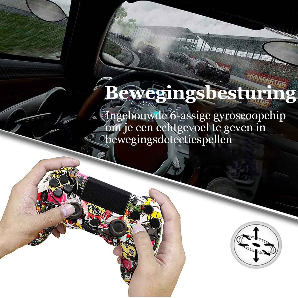 Hände halten buntes Gamepad vor Rennspiel-Cockpit mit Text.