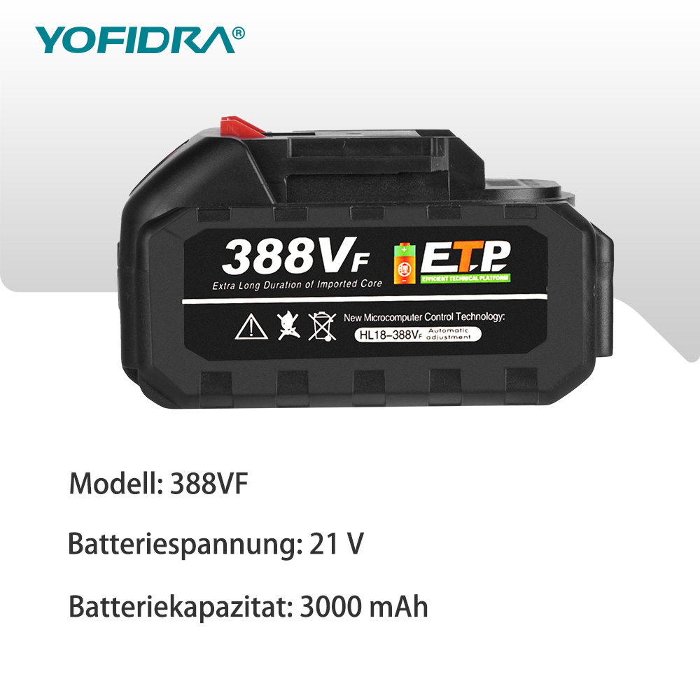 Schwarzer Akku 388VF mit rotem Hebel, ETP-Logo, 21V, 3000mAh.