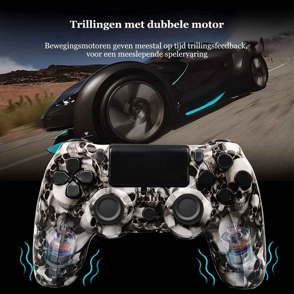 Ein Gamecontroller mit Totenkopfmuster und einem Rennwagen im Hintergrund.