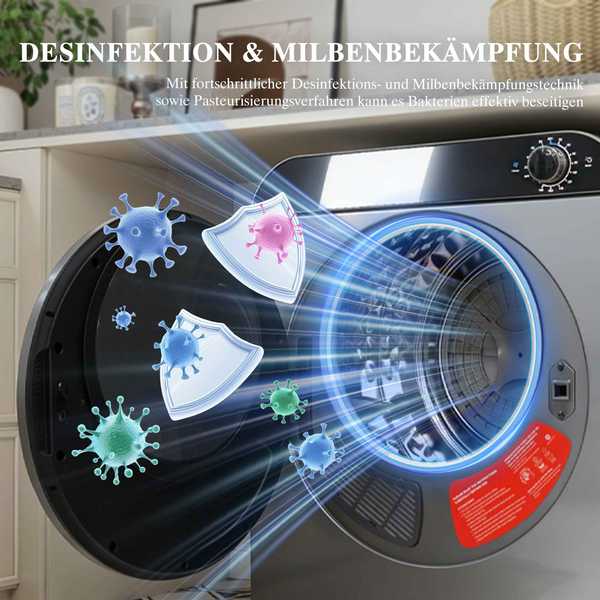 Viren und Bakterien werden von einem Trockner mit Desinfektionstechnologie bekämpft.