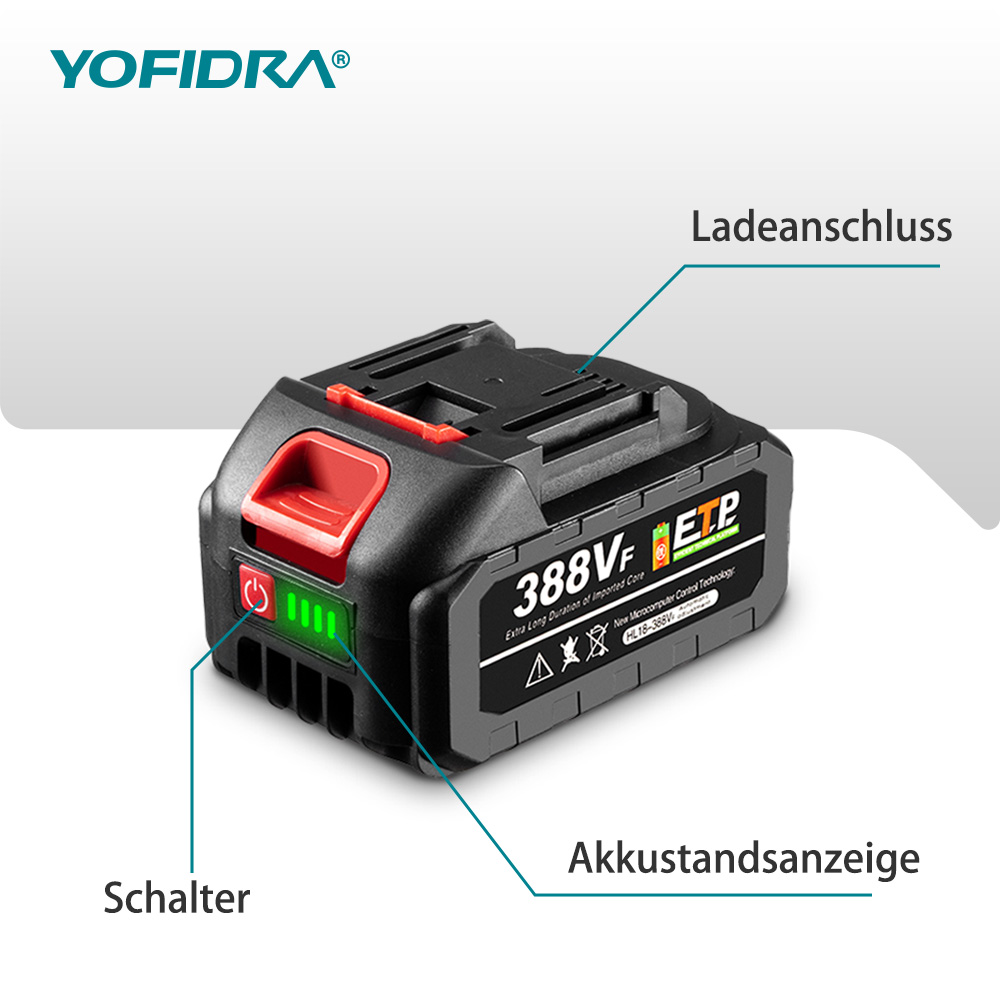 Schwarzer Akku mit rotem Schalter, Ladeanschluss und Akkuanzeige.