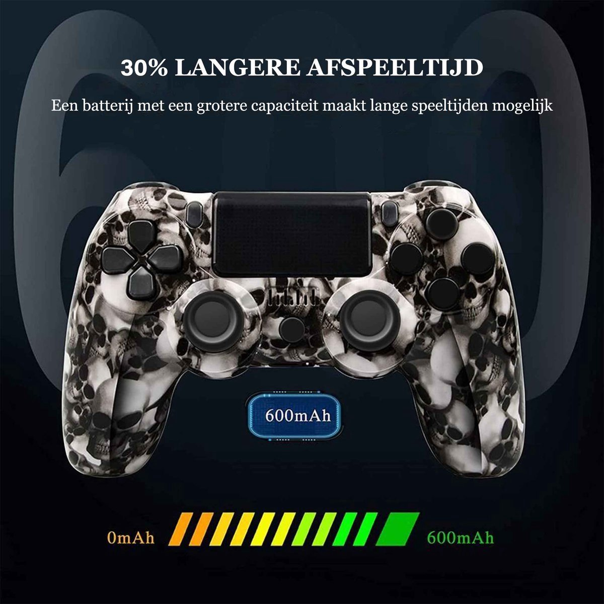 Ein Gamecontroller mit Totenkopfmuster, der 600mAh Kapazität anzeigt.