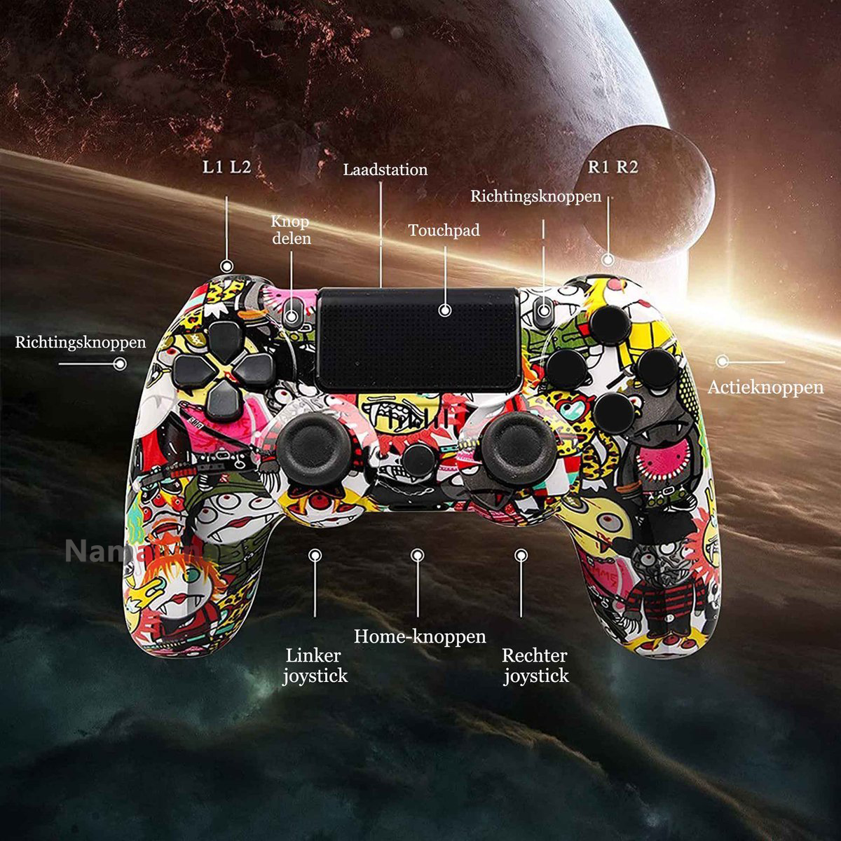 Ein Controller mit Comic-Stil-Aufklebern, der auf einem Weltraumhintergrund mit Planeten gezeigt wird.