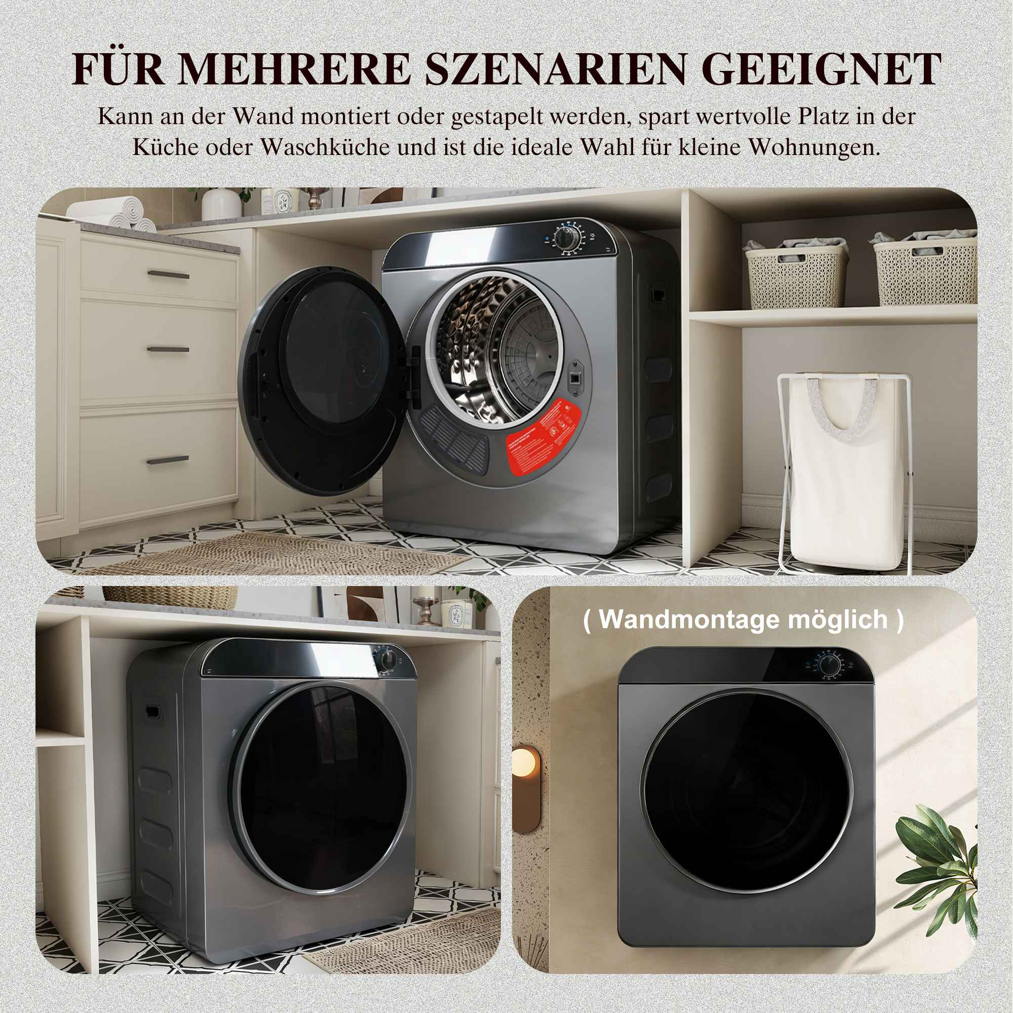 Graue Waschmaschinen, eine mit offener Tür, im Vergleich.