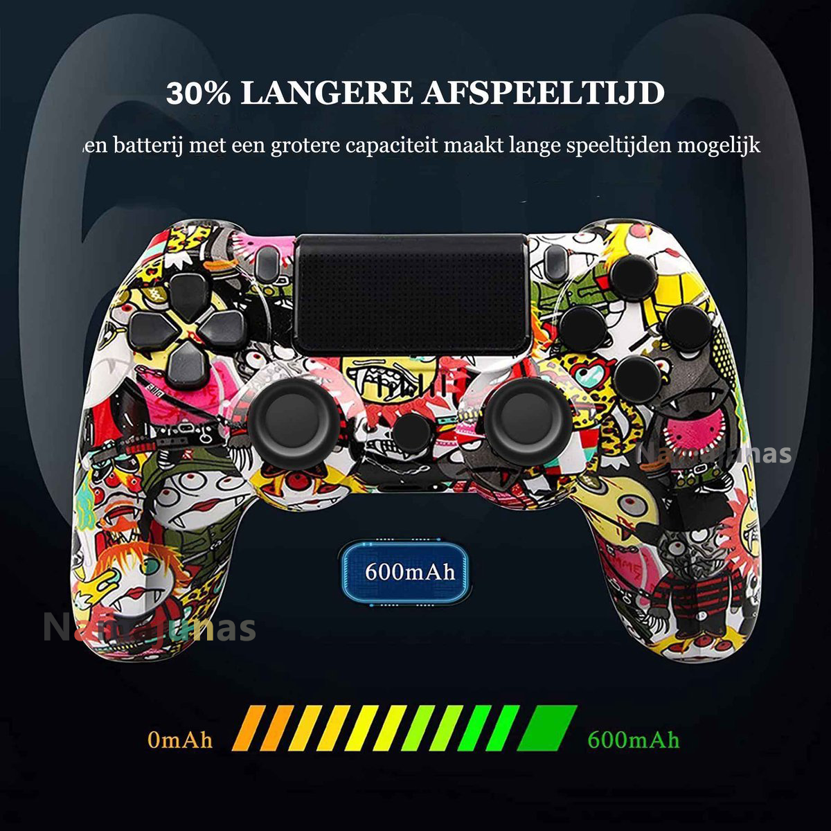 Bunter Gaming-Controller mit Comic-Aufdruck, 600mAh Akku.