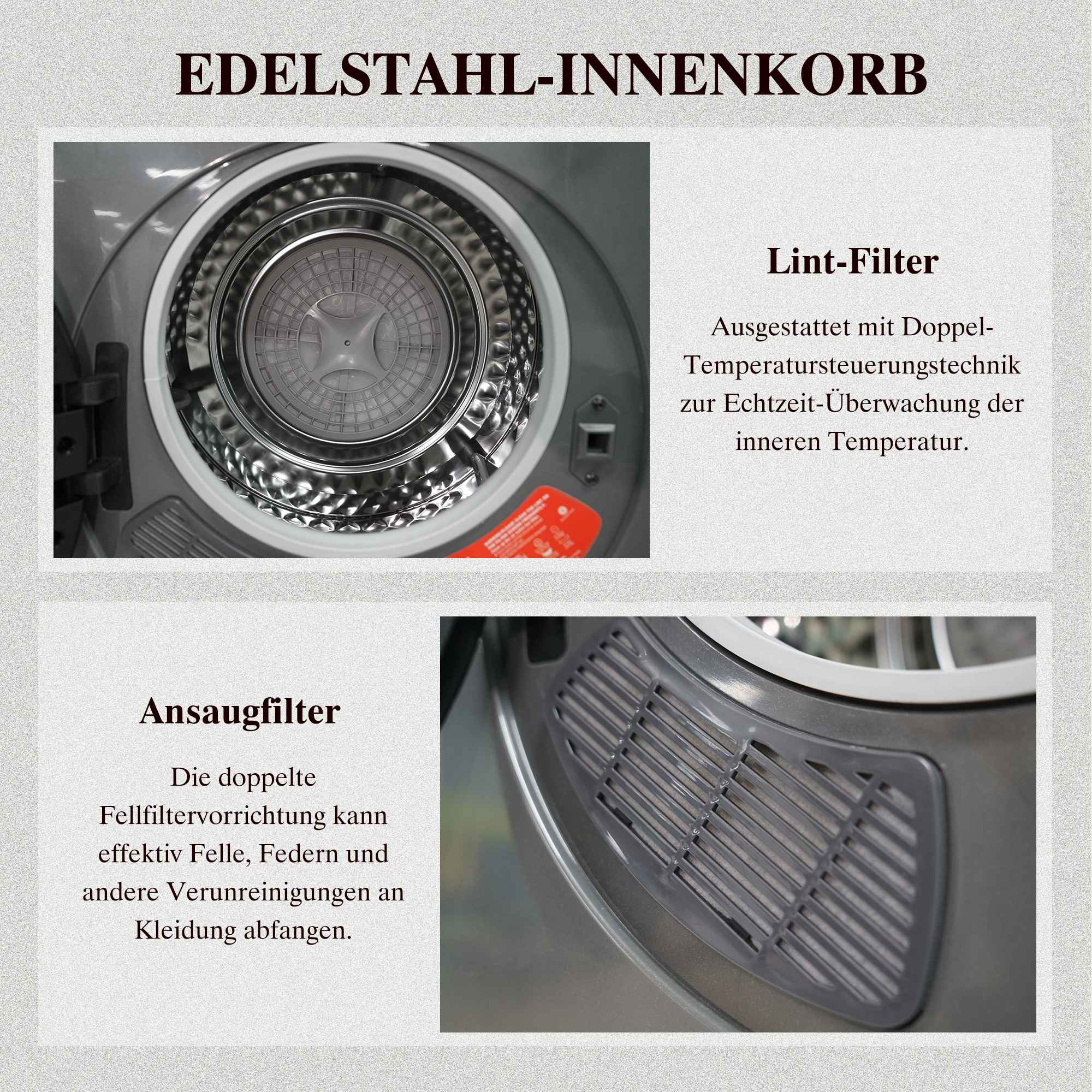 Ein Edelstahl-Wäschetrockner-Innenkorb mit sichtbaren Filtern und Textbeschreibungen.