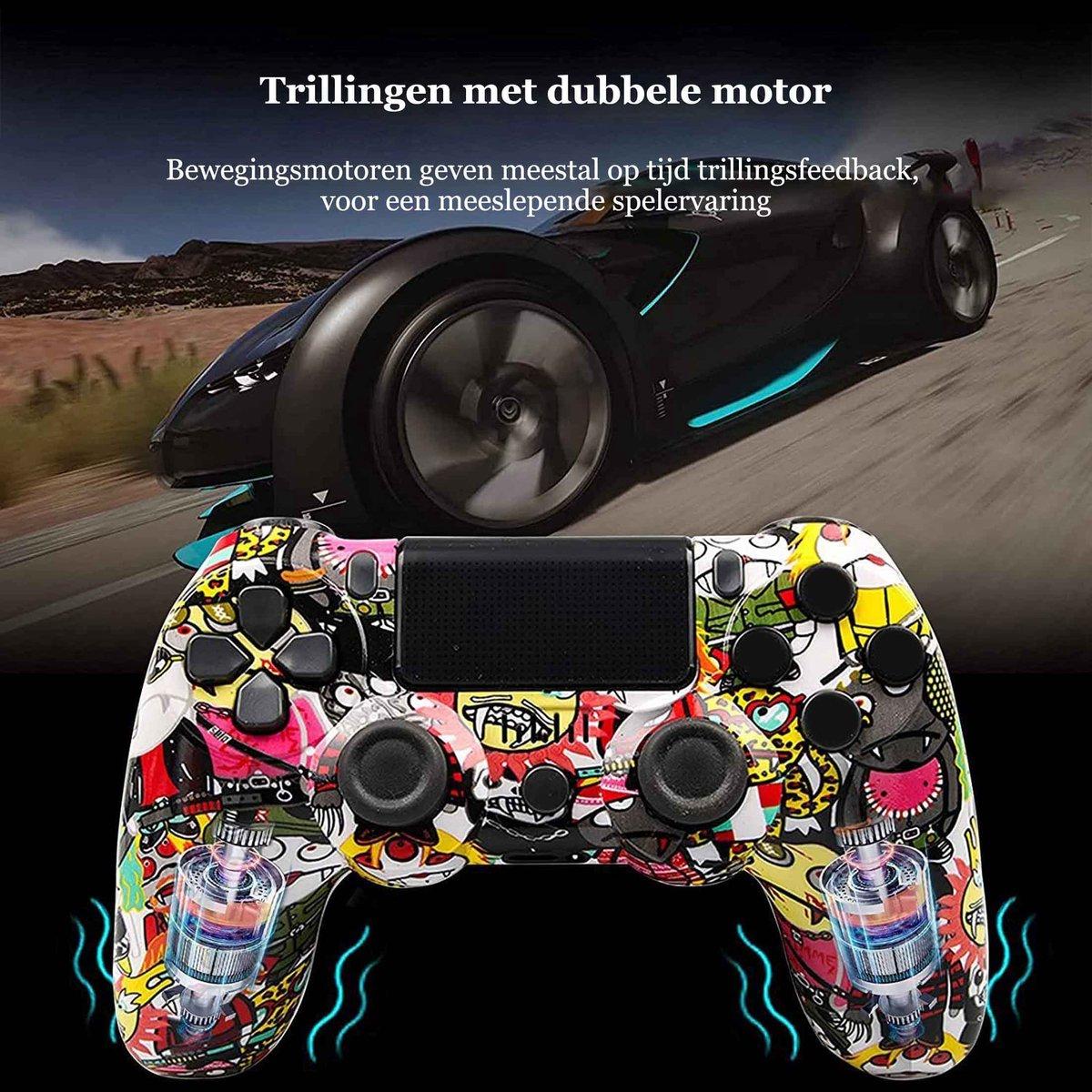 Controller mit Comic-Grafik, schwarzes Rennauto, Text auf Niederländisch.