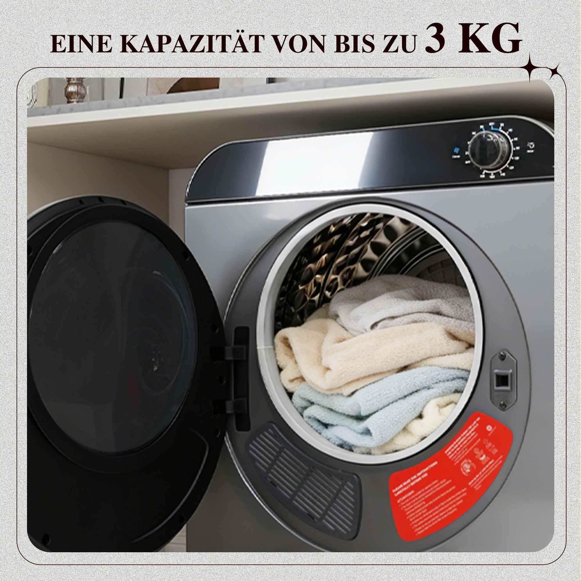 Eine graue Waschmaschine mit offener Tür und einer Ladung Wäsche darin.