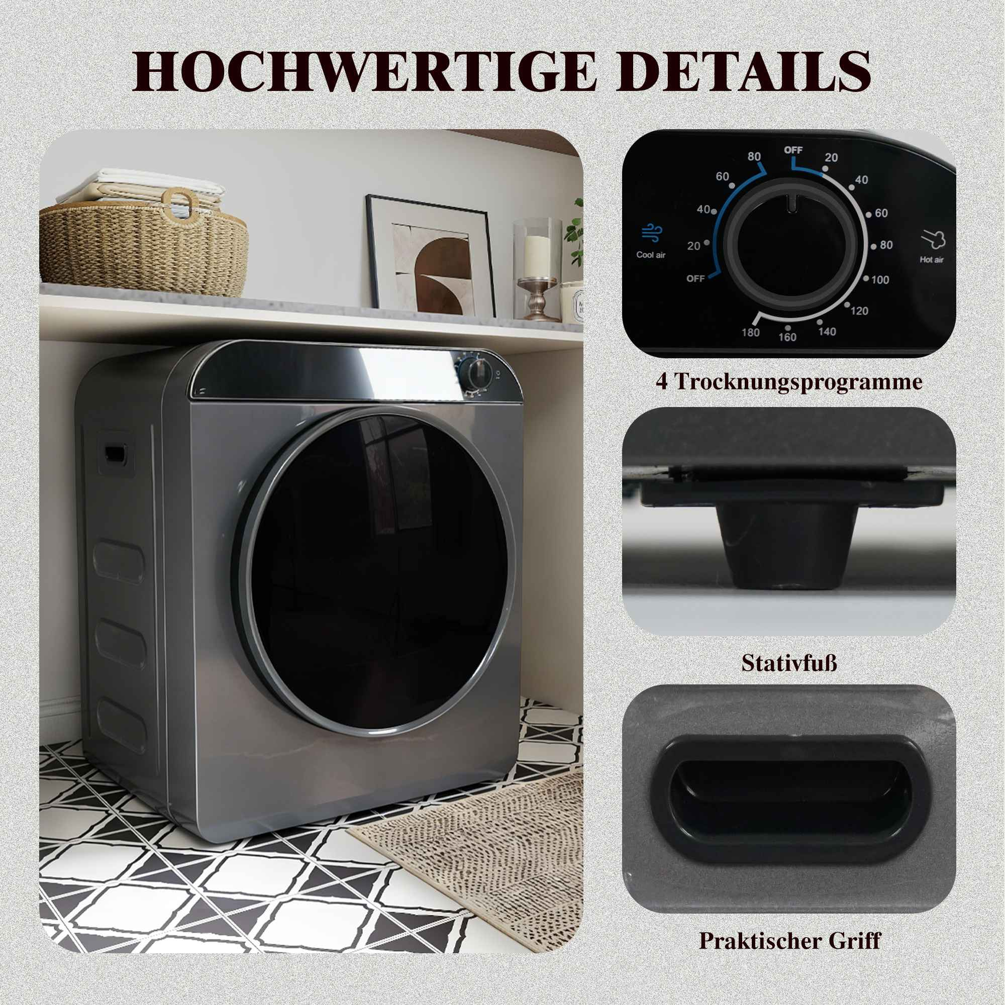 Ein moderner Trockner mit Bedienelementen und Details wie Fuß und Griff.