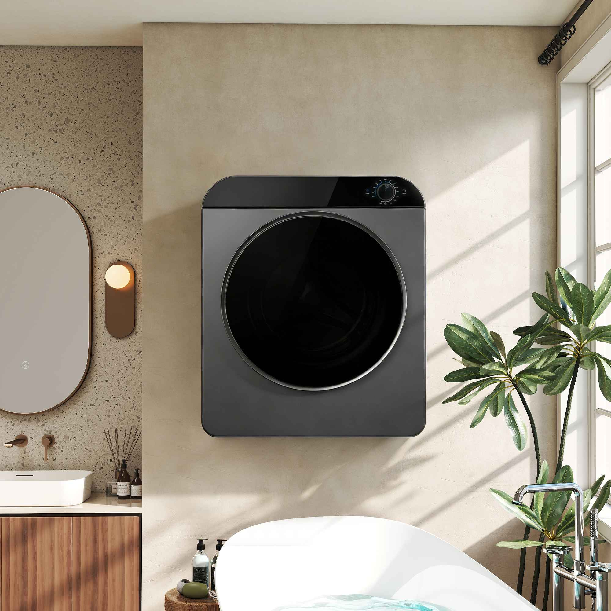 Ein moderner Badezimmer-Trockner über einer Badewanne mit Pflanzen.