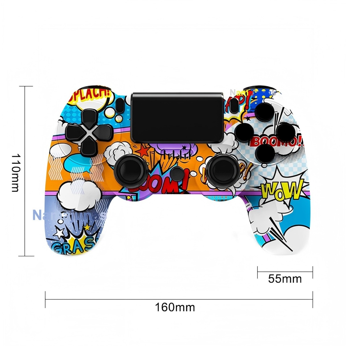 Bunter Gaming-Controller mit Comic-Pop-Art-Motiv und Maßangaben.