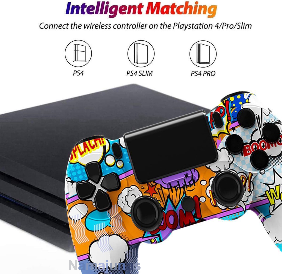 Ein Controller im Comic-Stil für PS4/Pro/Slim neben einer schwarzen Konsole.