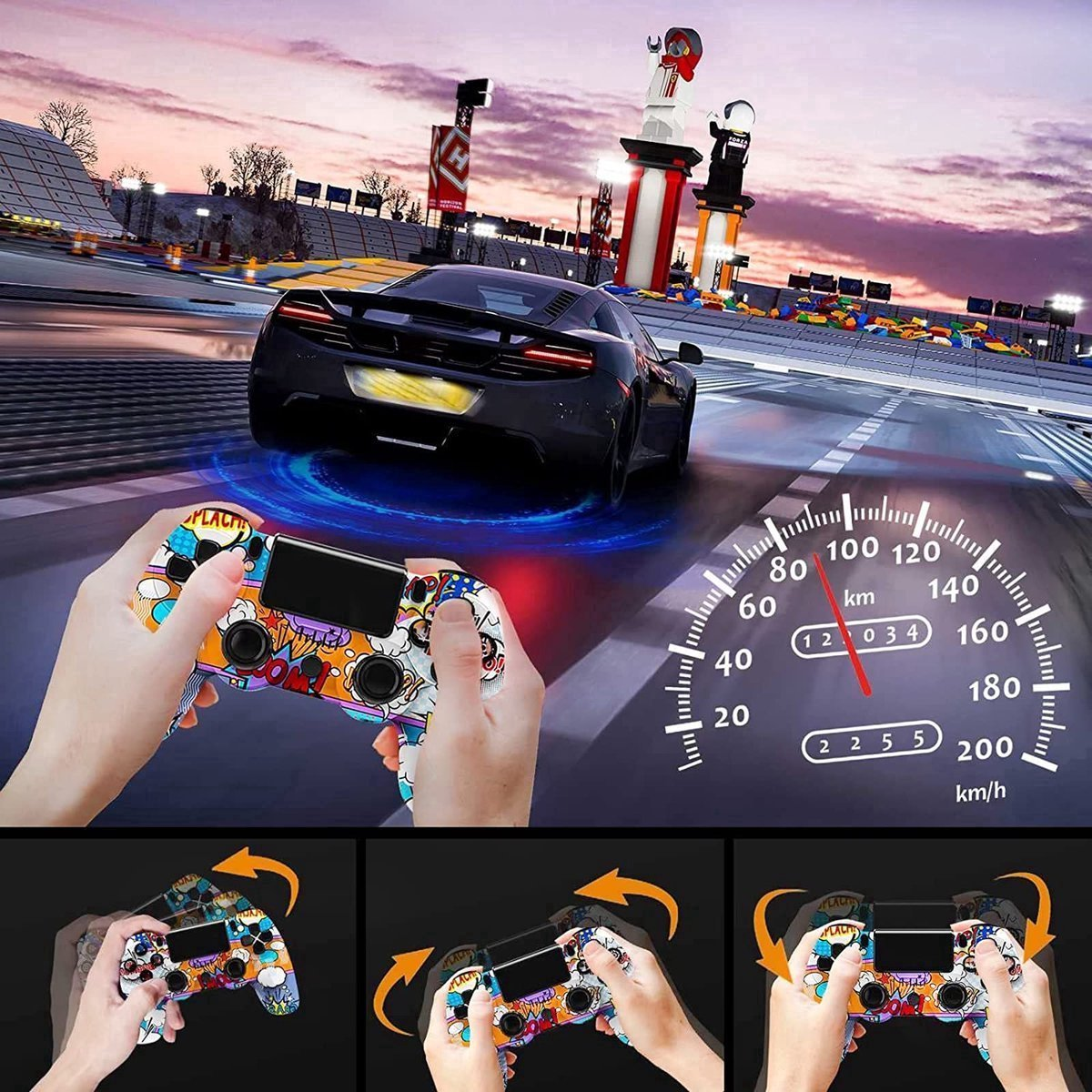 Ein Controller mit Comic-Design, der ein Rennspiel steuert. Ein Tachometer zeigt 100 km/h.