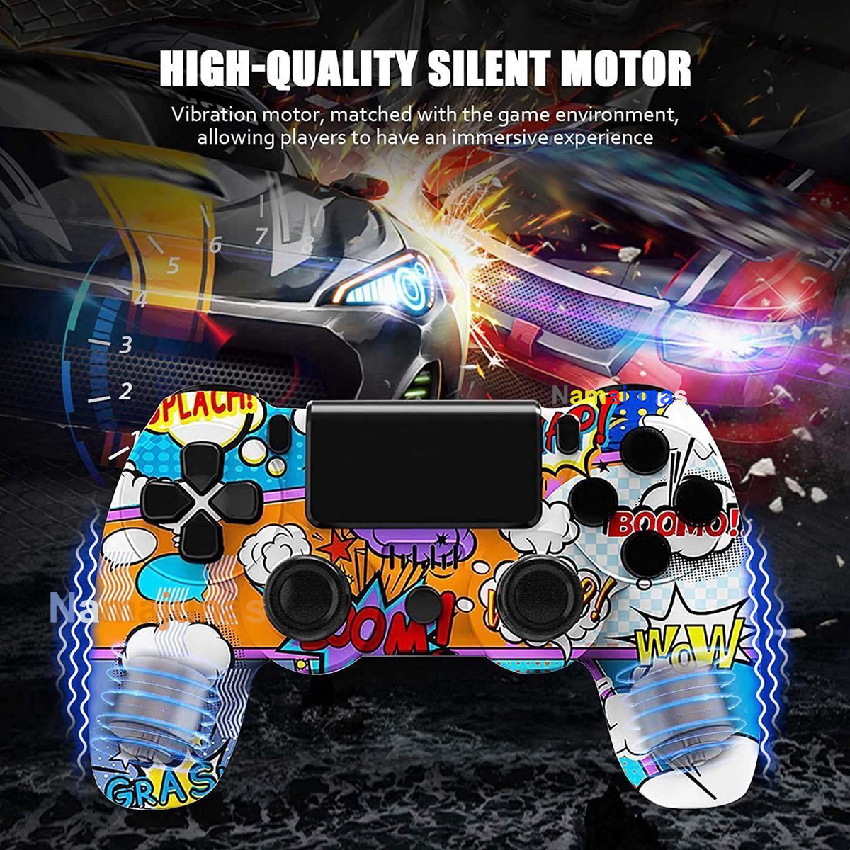 Ein bunter Gamecontroller mit Comic-Grafiken vor dem Hintergrund von Rennwagen.